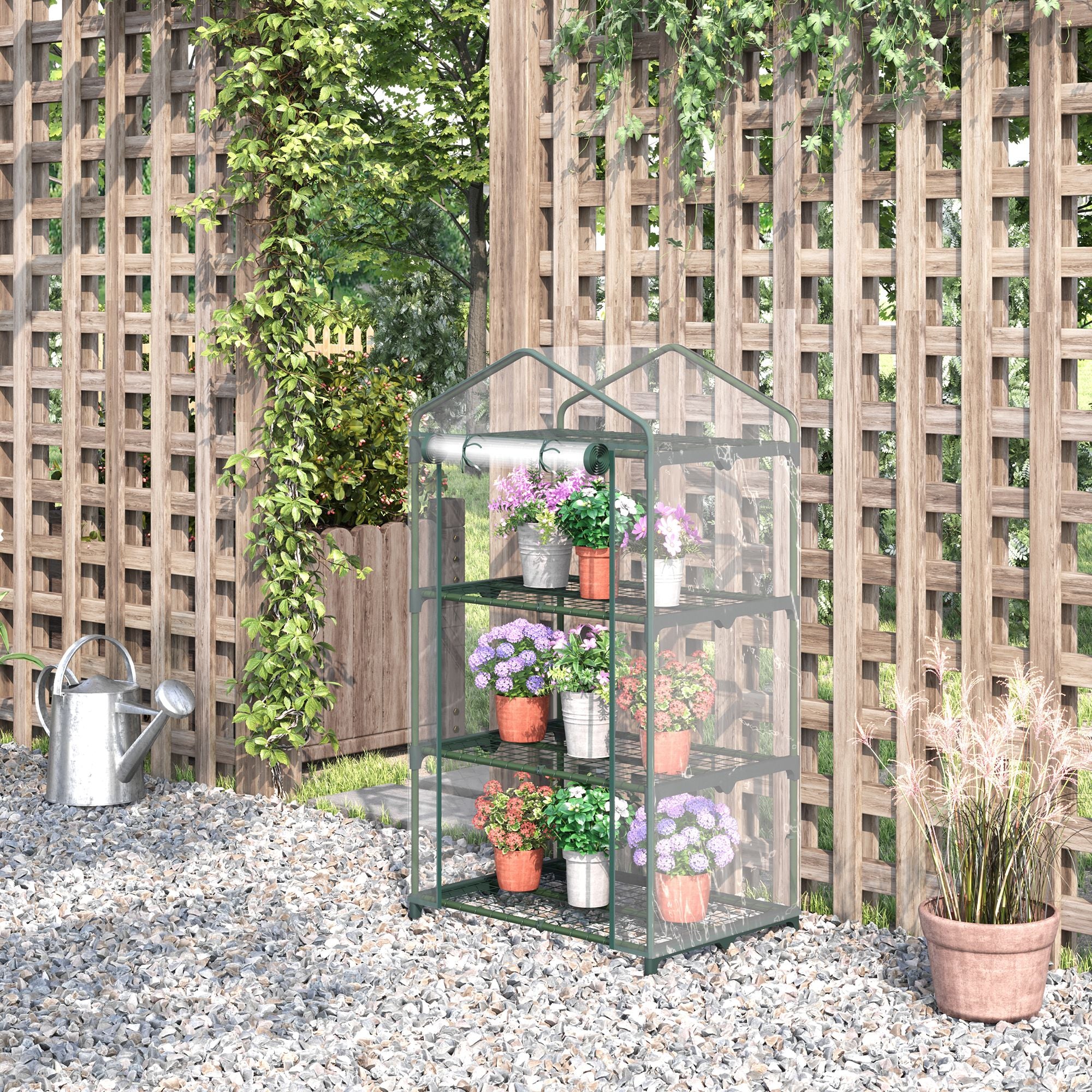 Outsunny 3 Tier Mini Greenhouse Portable Garden Grow House with Roll Up Door and Wire Shelves, 69L x 49W x 125H cm, Clear - North Peak Garden Furniture
