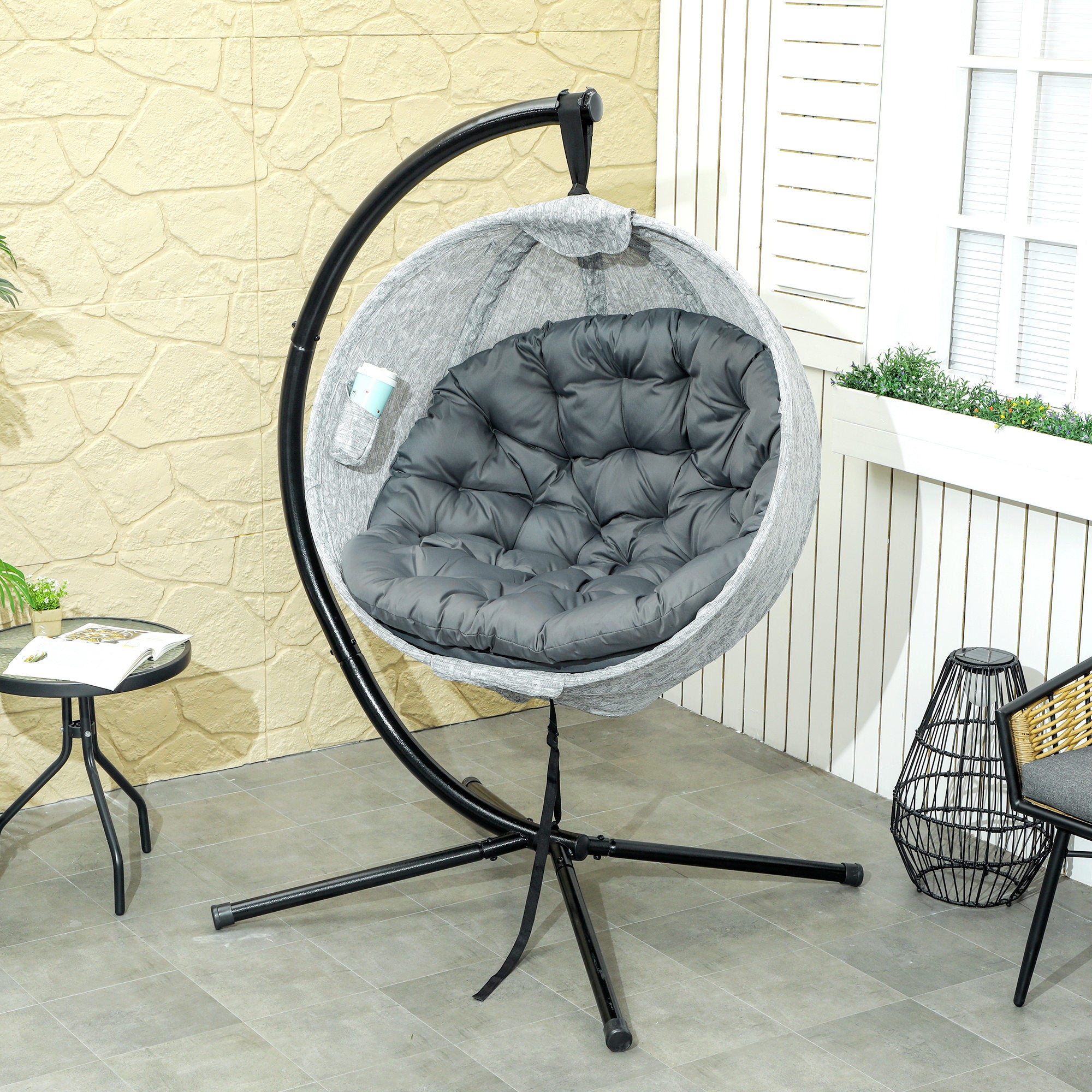 Outsunny Hanging Egg Chair Outdoor Indoor Garden Swing Chair with Folding Basket, Garden Hanging Chair with Stand, Thickened Cushion, Cup Holder for Patio, Balcony, Grey