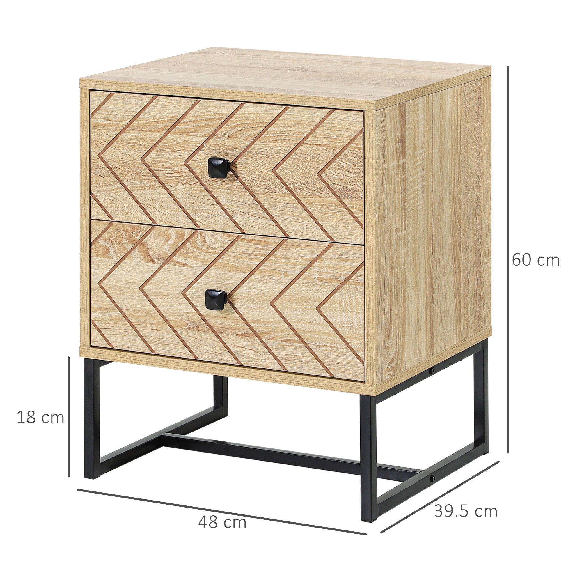 HOMCOM Bedside Table Nightstand Two-Drawer Bedroom Storage Unit Zig Zag Design with Black Metal Handles, Set of 2, Natural - North Peak Garden Furniture