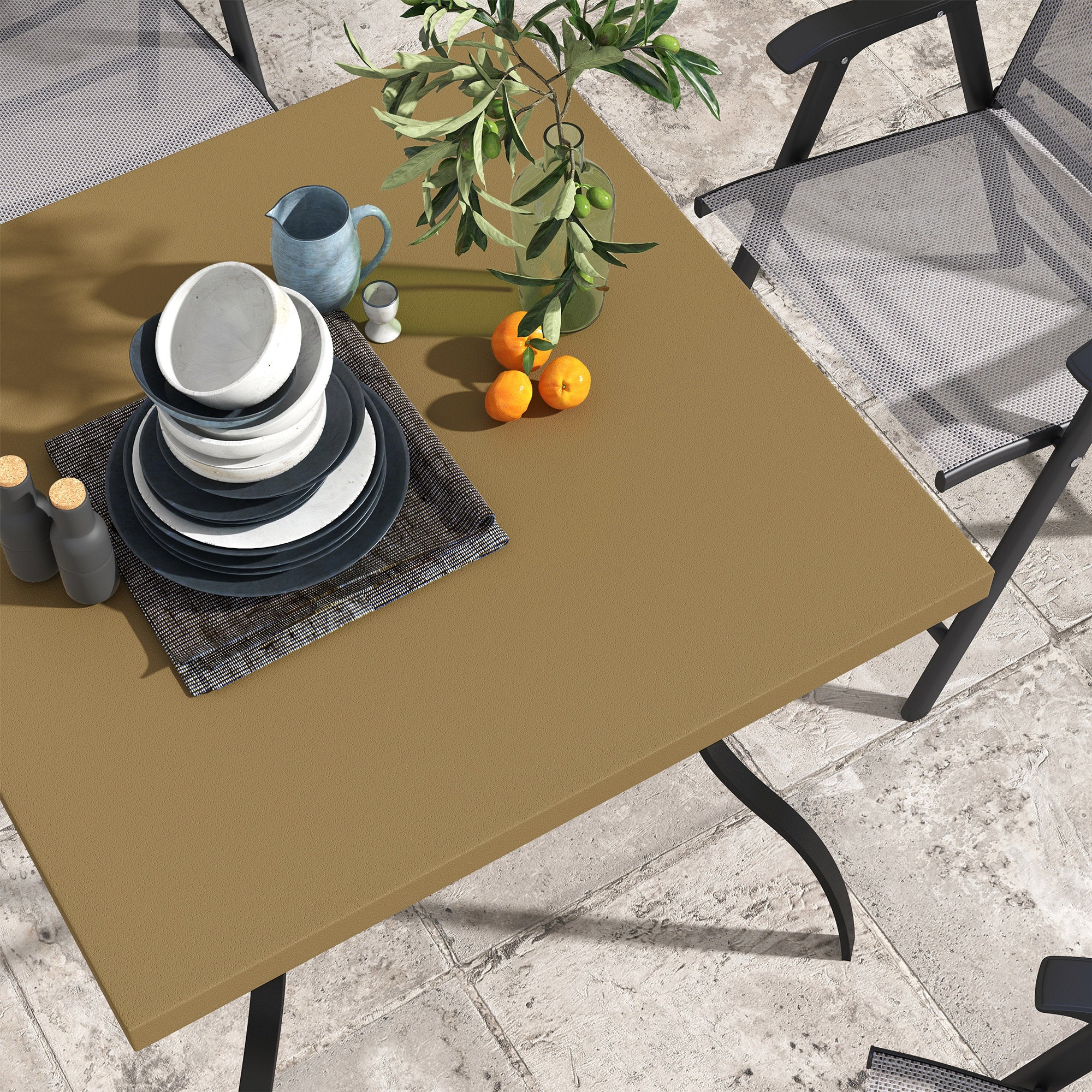 Outsunny Four-Seater Steel Garden Table, with Parasol Hole - Brown/Black - North Peak Garden Furniture