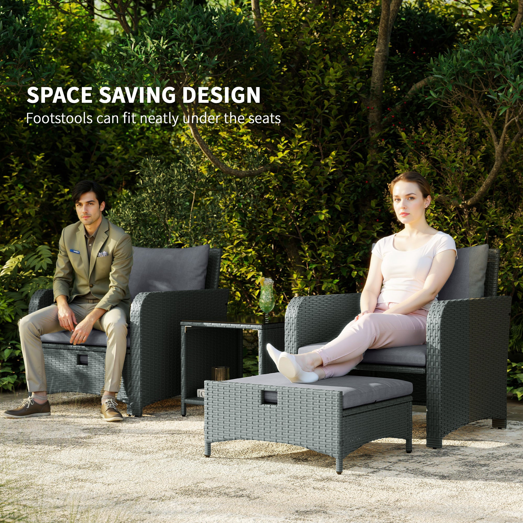 Outsunny Five Piece Rattan Garden Furniture Set with 2-Tier Coffee Table and Ottomans - Grey - North Peak Garden Furniture