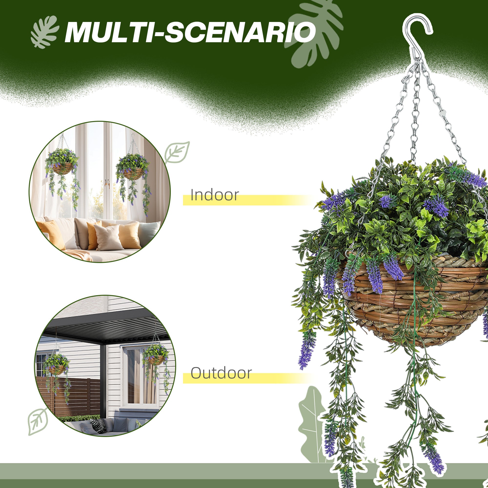HOMCOM Set of 2 Decorative Artificial Plants, Faux Silk Lavender Flowers in Hanging Baskets, Fake Plants for Home Indoor Outdoor Decor, Purple - North Peak Garden Furniture