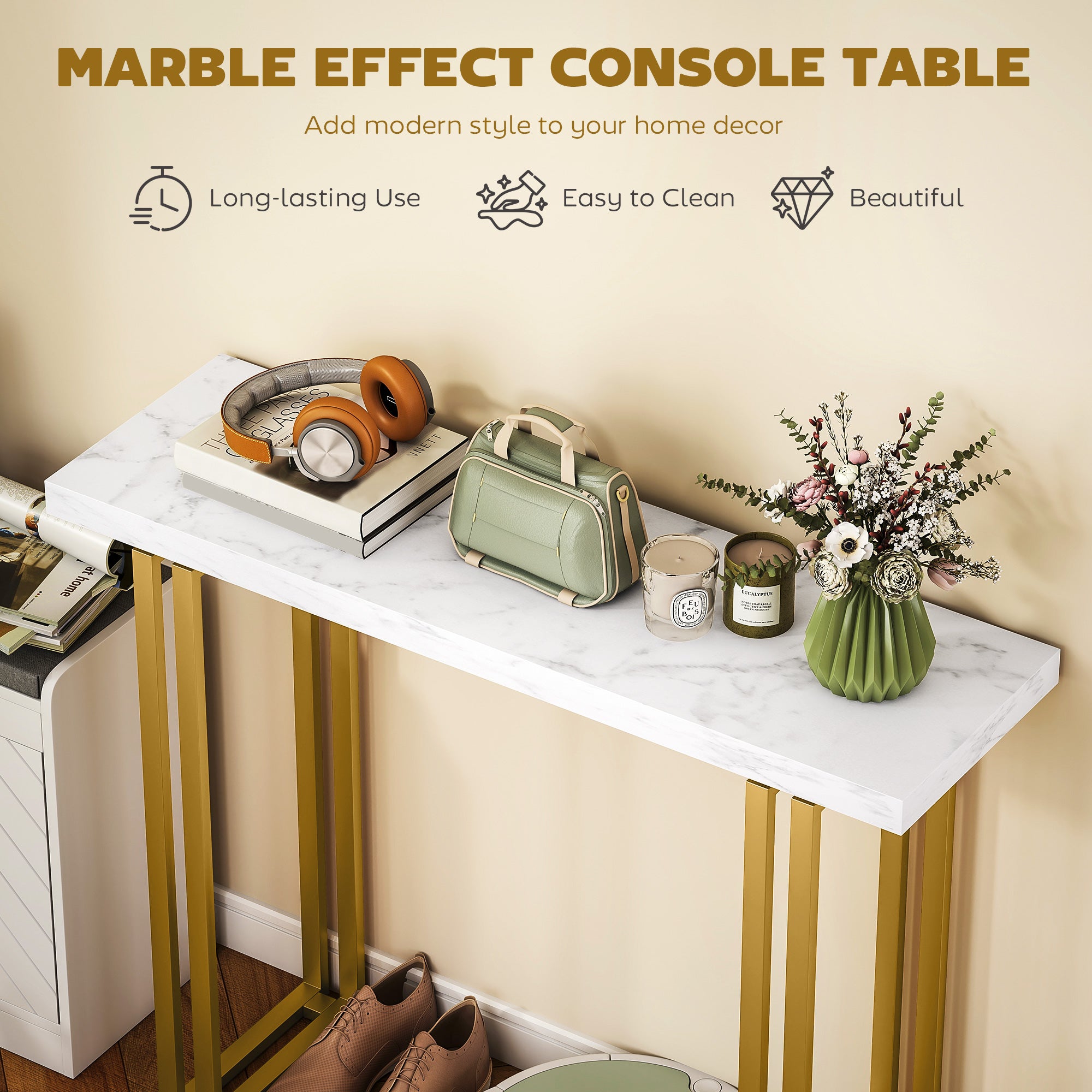 HOMCOM 100 cm Console Table with Faux Marble Top, Narrow Entryway Table with Anti-tipping Device, White