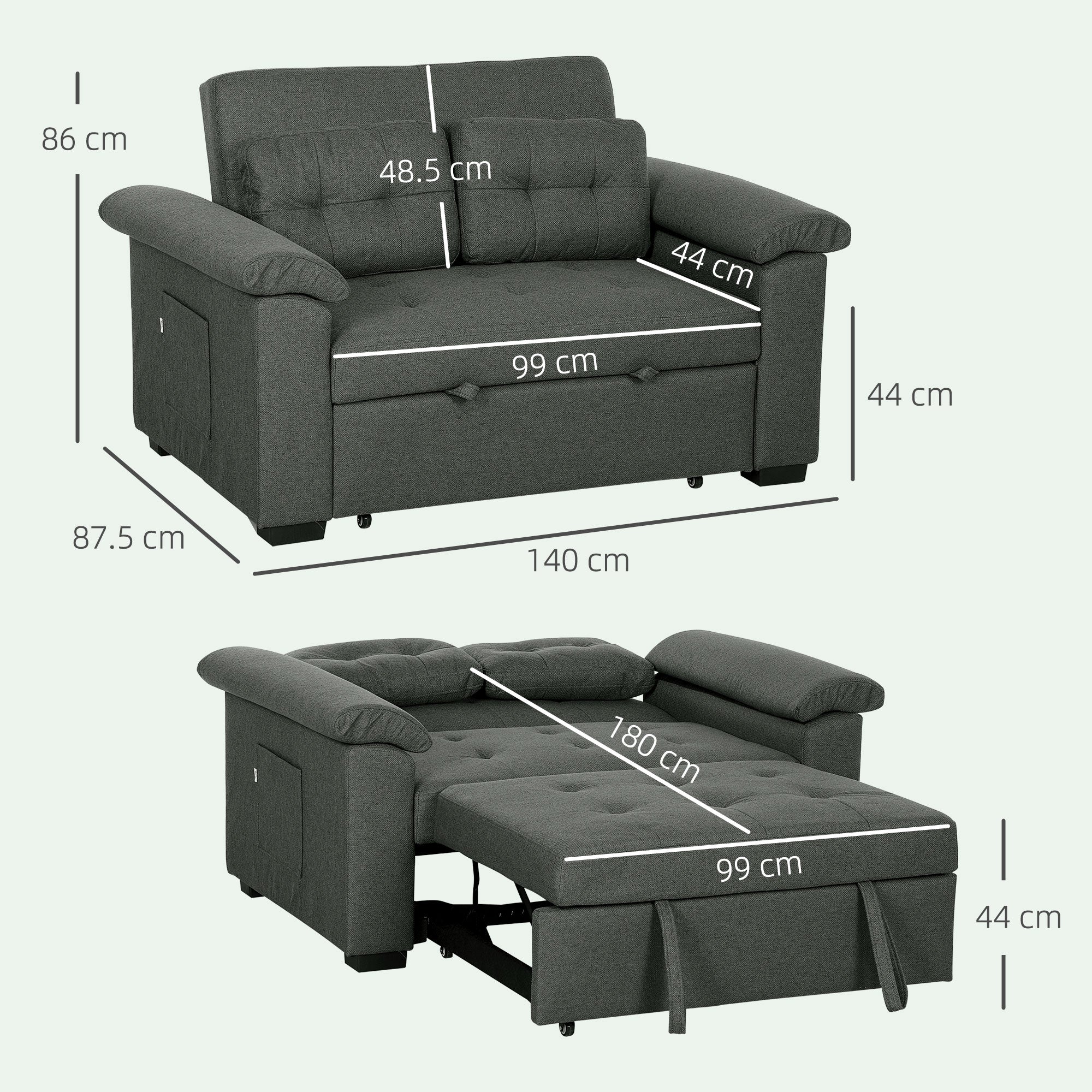 HOMCOM Pull Out Sofa Bed with 2 Pocket Springs, Fabric 2 Seater Click Clack Sofa Bed Settee, Convertible Sofa Couch with Pillows and Side Pockets for Living Room, Home Office, Charcoal Grey - North Peak Garden Furniture