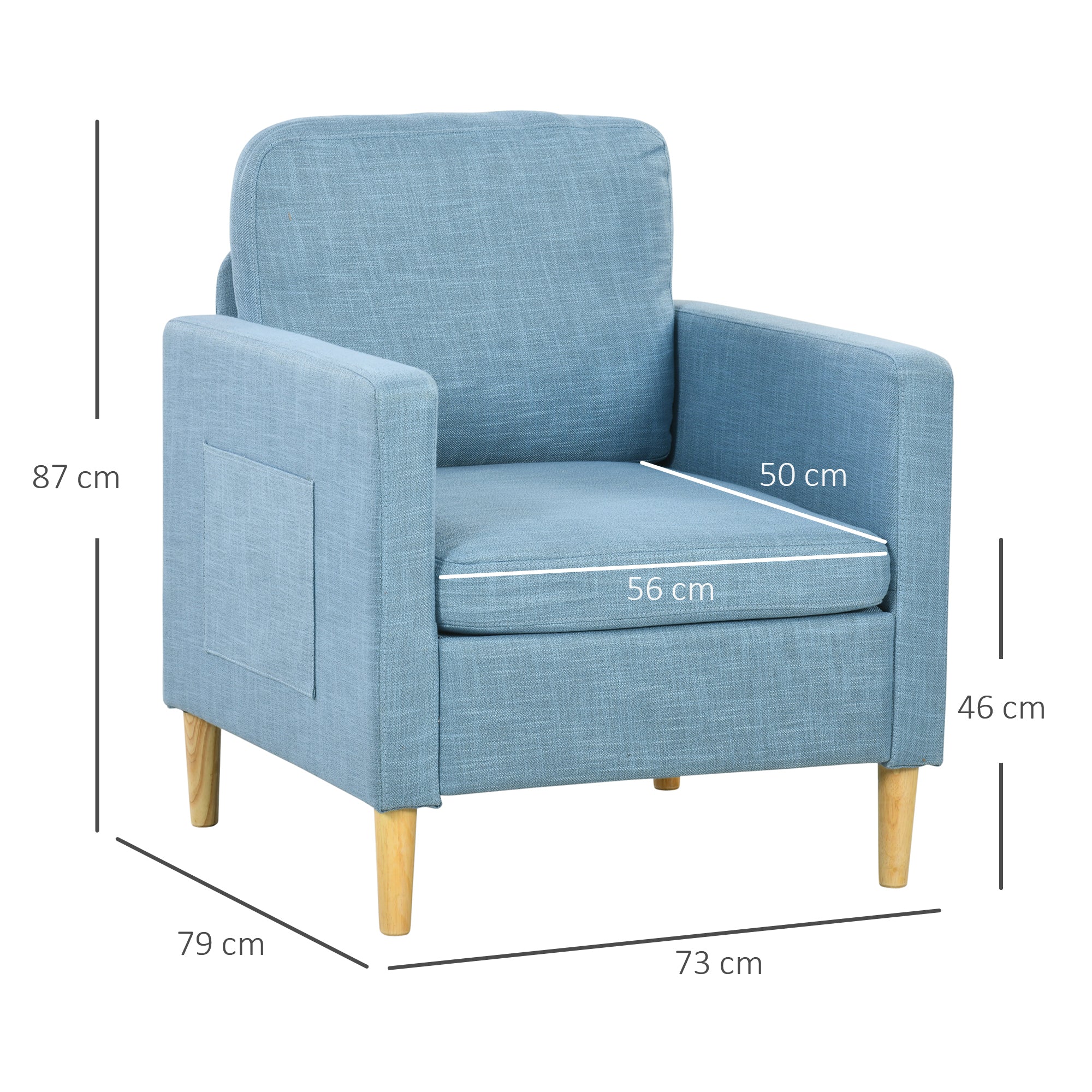 HOMCOM Modern Accent Chair, Comfy Fireside Chair, Upholstered Armchair for Living Room, Bedroom, Home Office, Blue - North Peak Garden Furniture