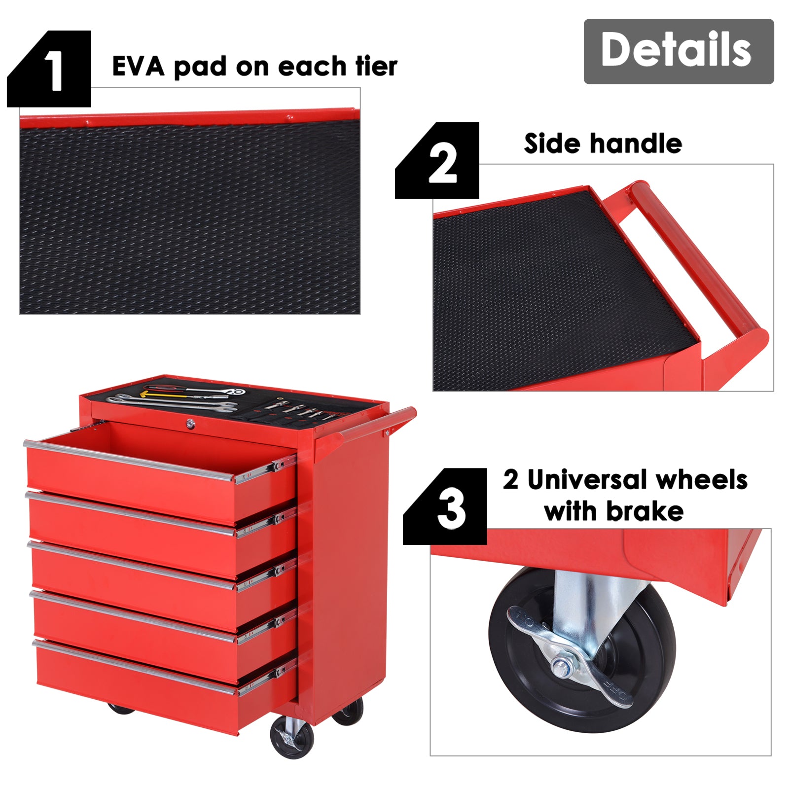 DURHAND 5 Drawer Roller Tool Cabinet Storage Box Workshop Chest Garage Wheeling Trolley w/ Handle - Red - North Peak Garden Furniture