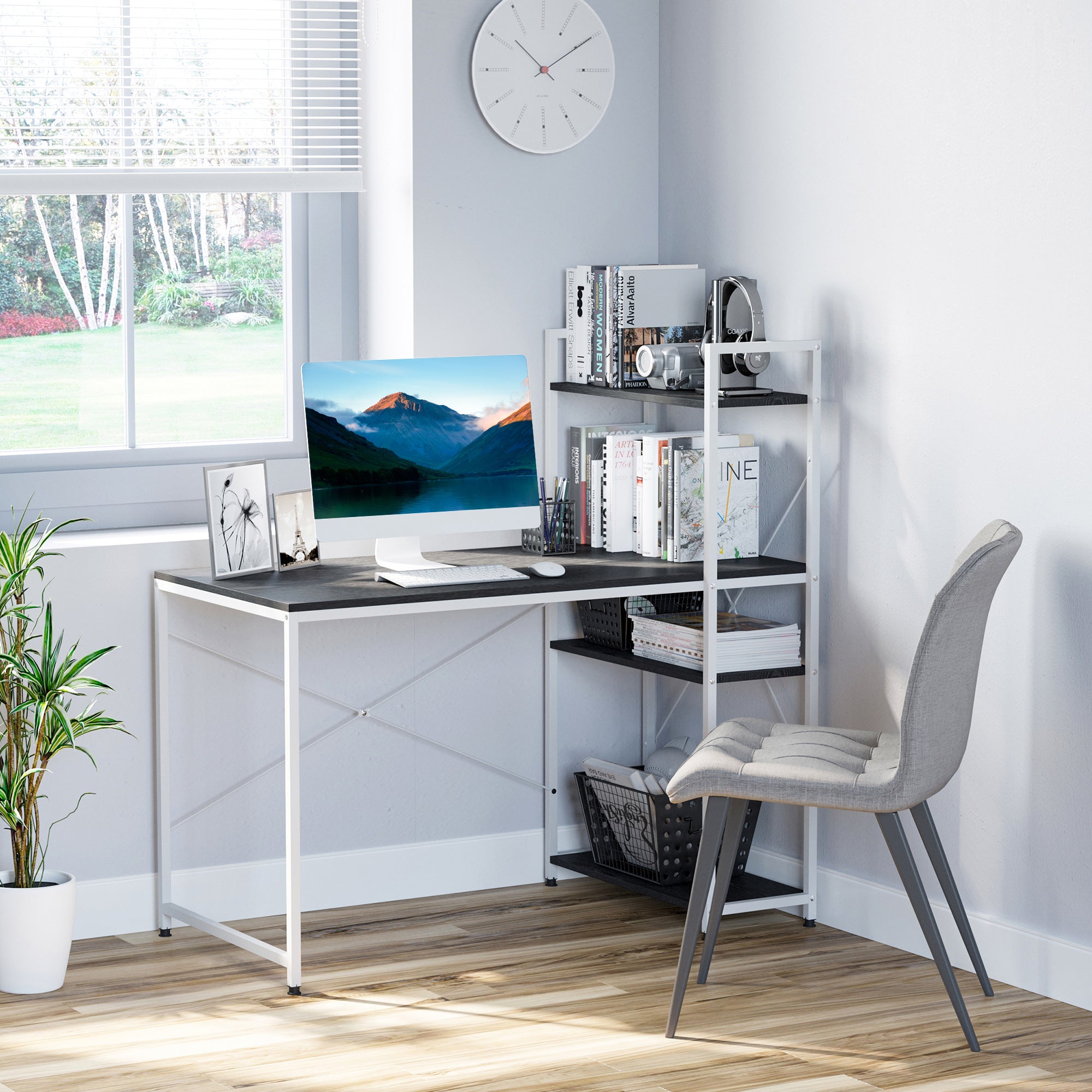 HOMCOM Computer Desk with Storage Shelves on Left or Right, Industrial Reversible Writing Desk for Home Office, Study, Easy Assembly, 120 x 64 x 121cm, Black and White - North Peak Garden Furniture