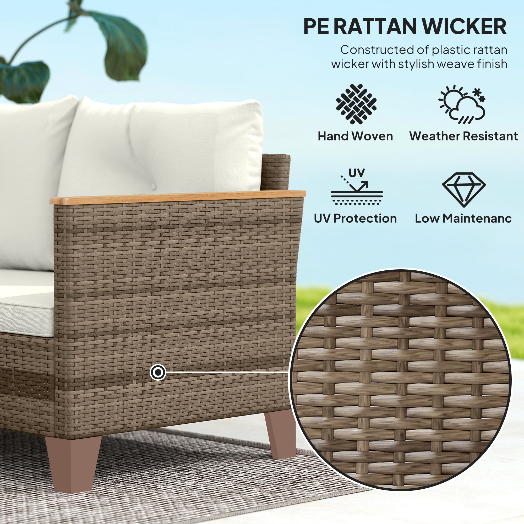 Outsunny 3 Pieces Rattan Garden Furniture Set, L Shaped Garden Conversation Chaise Lounge Furniture with Wood Top Coffee Table and Thick Cushions, Cream