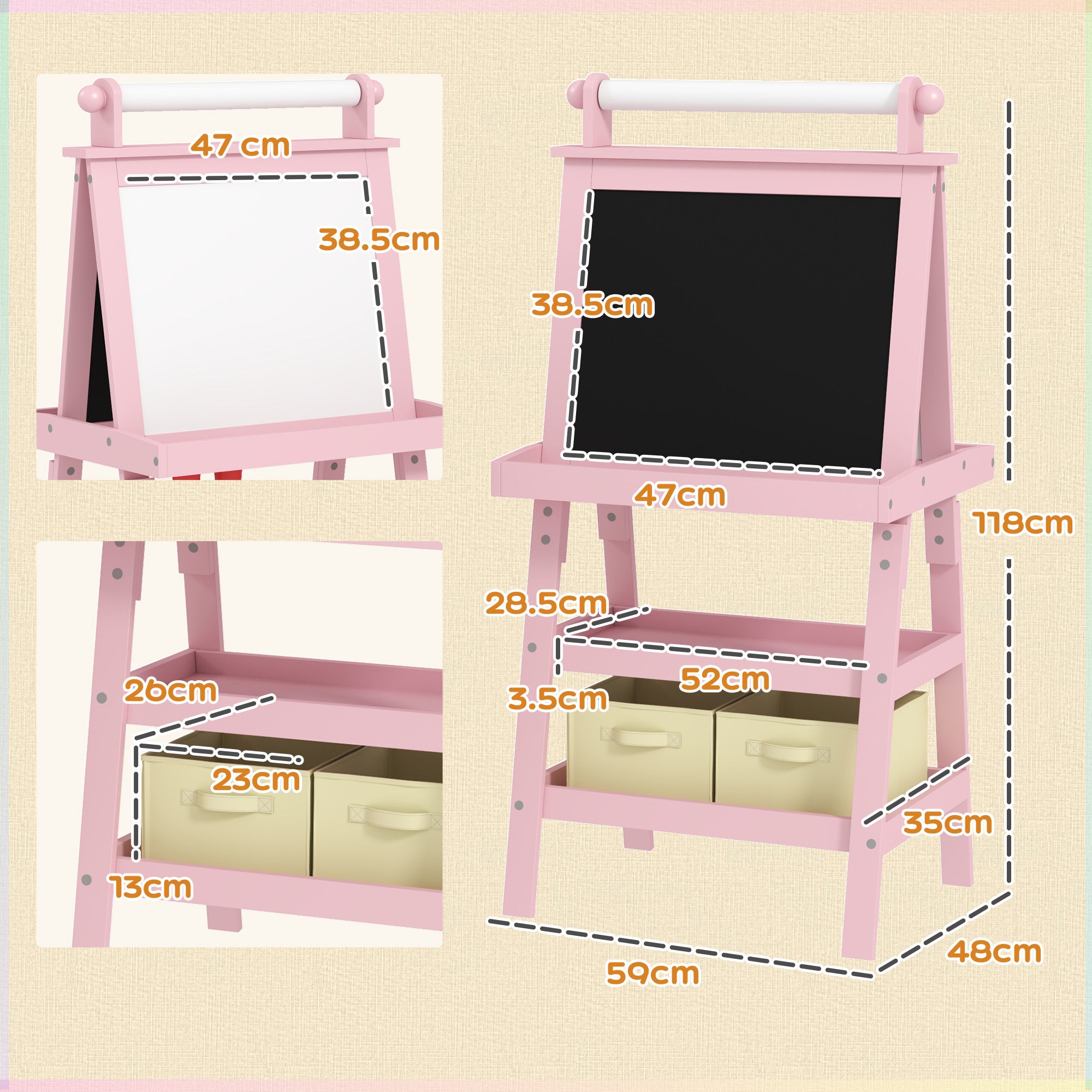 AIYAPLAY 3 in 1 Kids Easel Double-Sided Magnetic Whiteboard and Chalkboard with Paper Roll, Storage Baskets - Pink - North Peak Garden Furniture