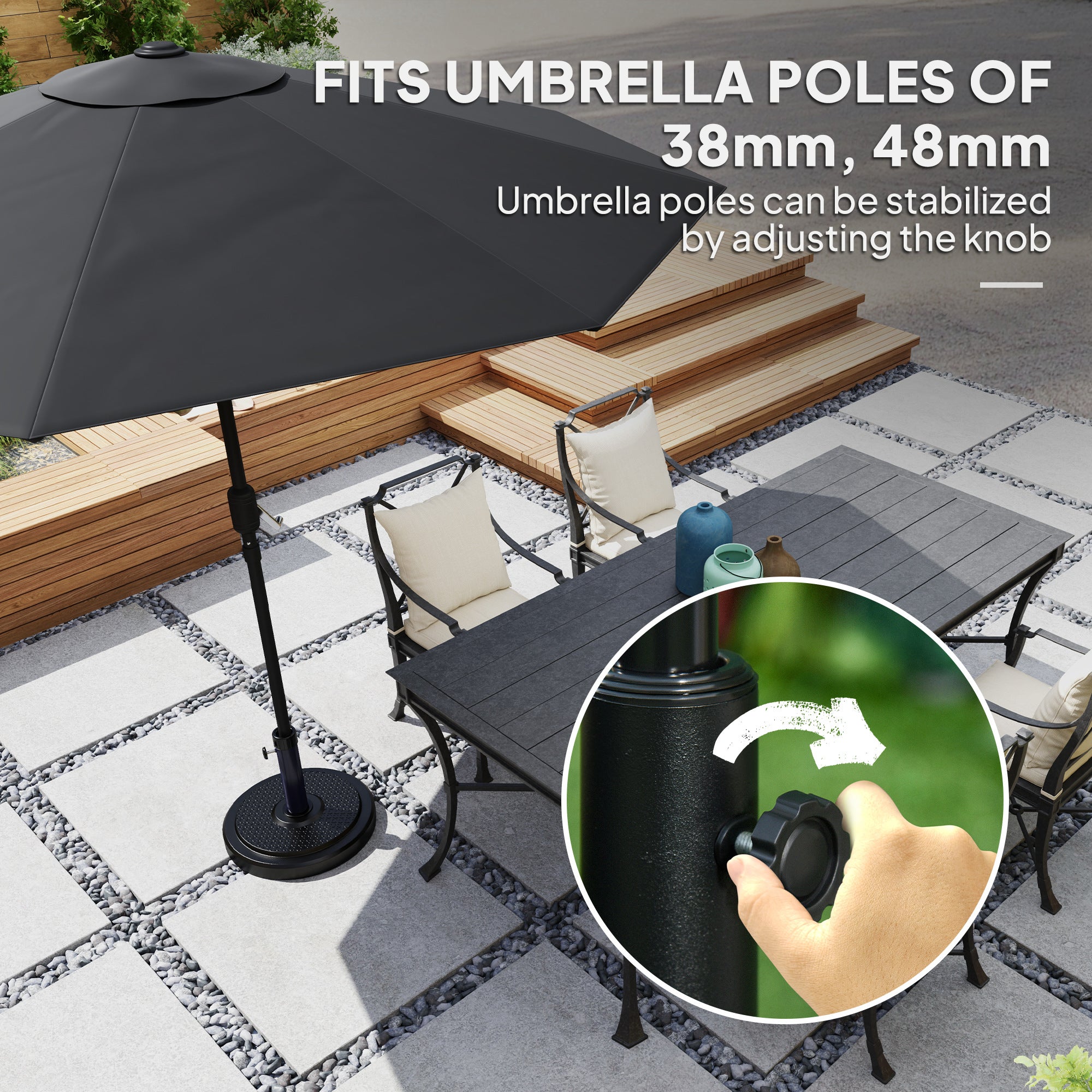 Outsunny 22kg Garden Parasol Base, Round HDPE Sun Umbrella Base, Heavy Duty Outdoor Umbrella Stand for 38mm or 48mm Outdoor Umbrella Poles, Black