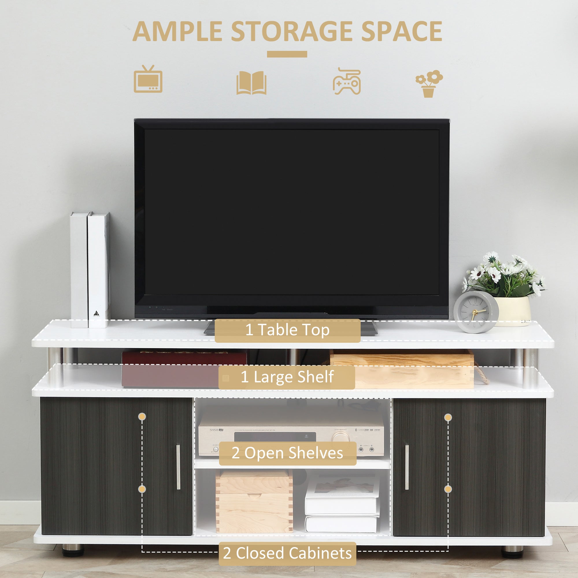 HOMCOM TV Cabinet Unit for TVs up to 50'' with Storage Shelf and Cupboards, Living Room Entertainment Center Media Console, Grey and White - North Peak Garden Furniture