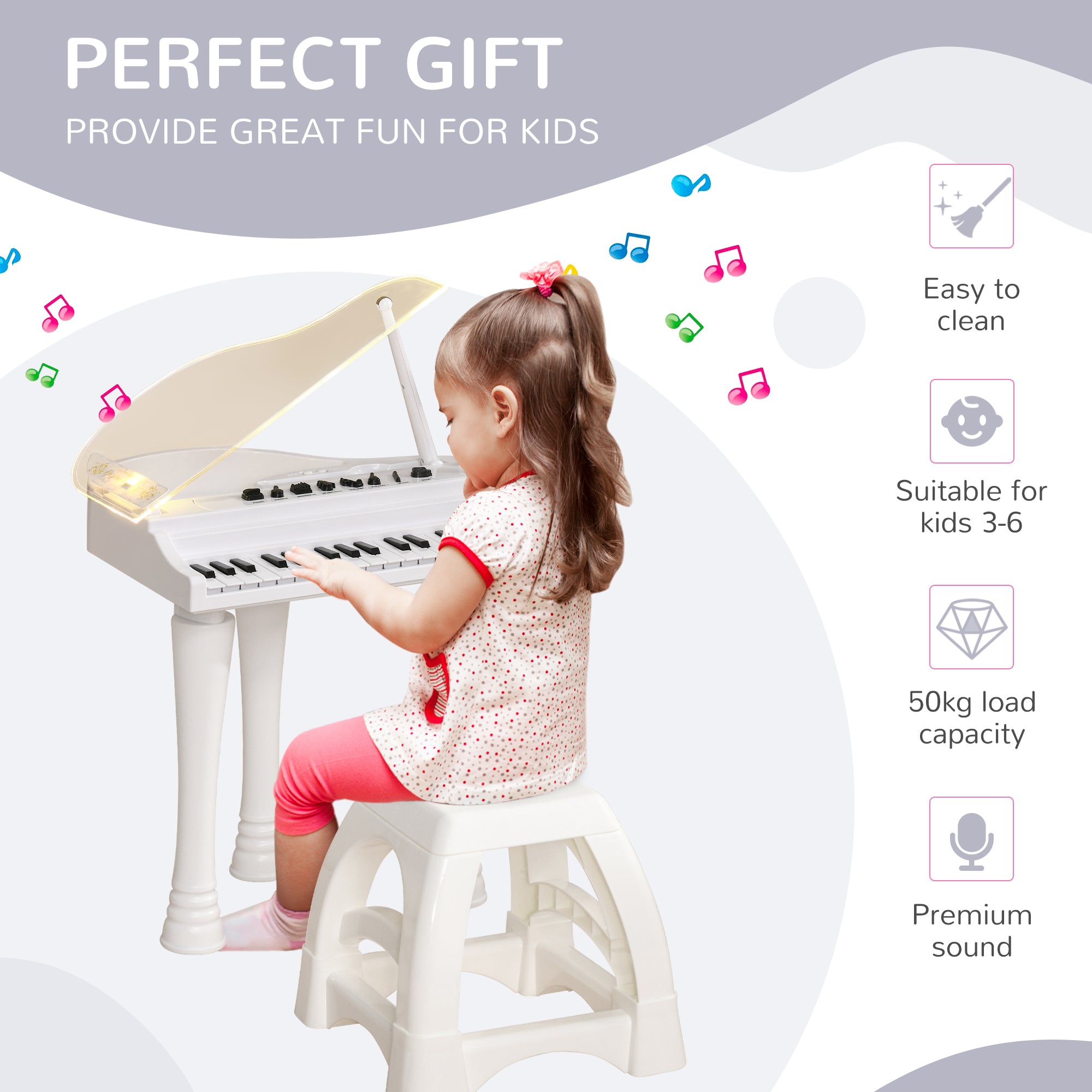 AIYAPLAY 32-Key Kids Piano Keyboard, with Stool, Lights, Microphone, Sounds, Removable Legs - White - North Peak Garden Furniture