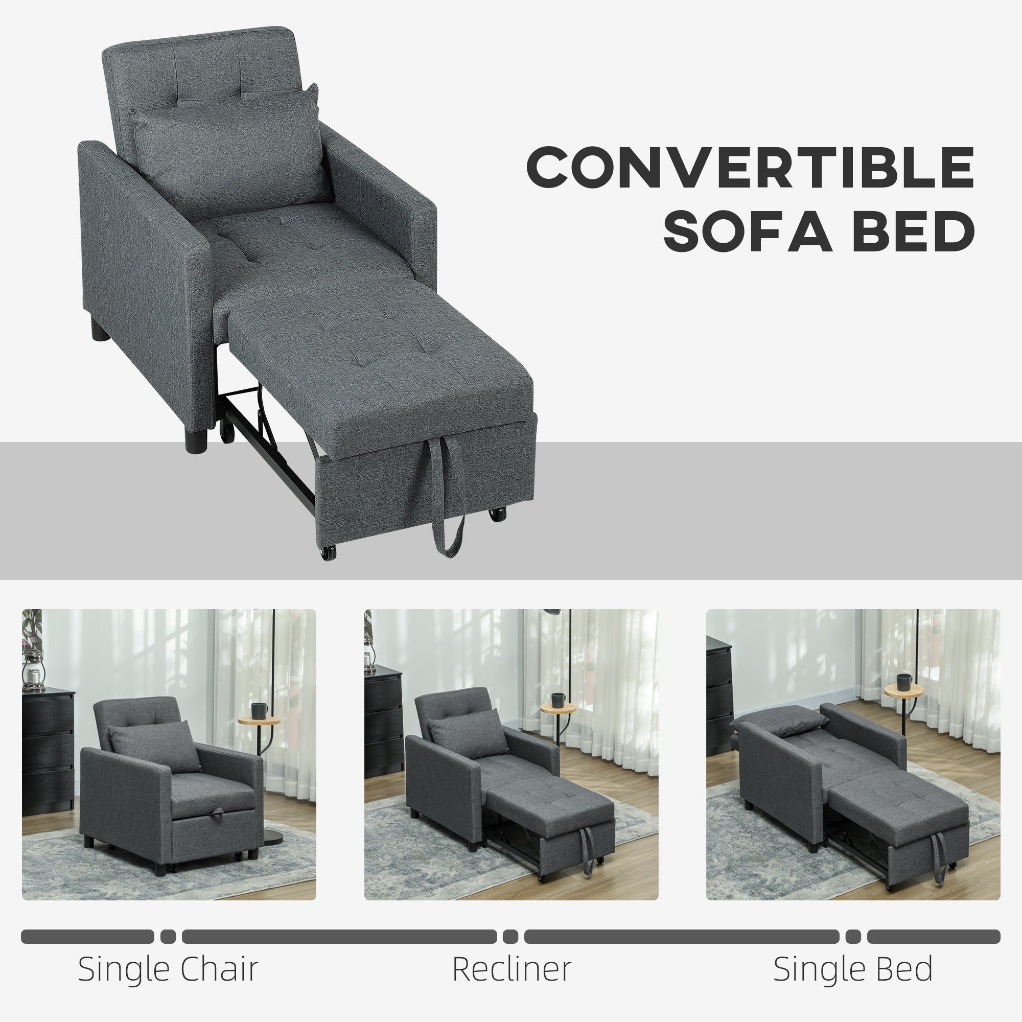 HOMCOM 3-In-1 Chair Bed, Convertible Sleeper Chair with Adjustable Backrest, Pillow and Footrest for Living Room, Dark Grey - North Peak Garden Furniture
