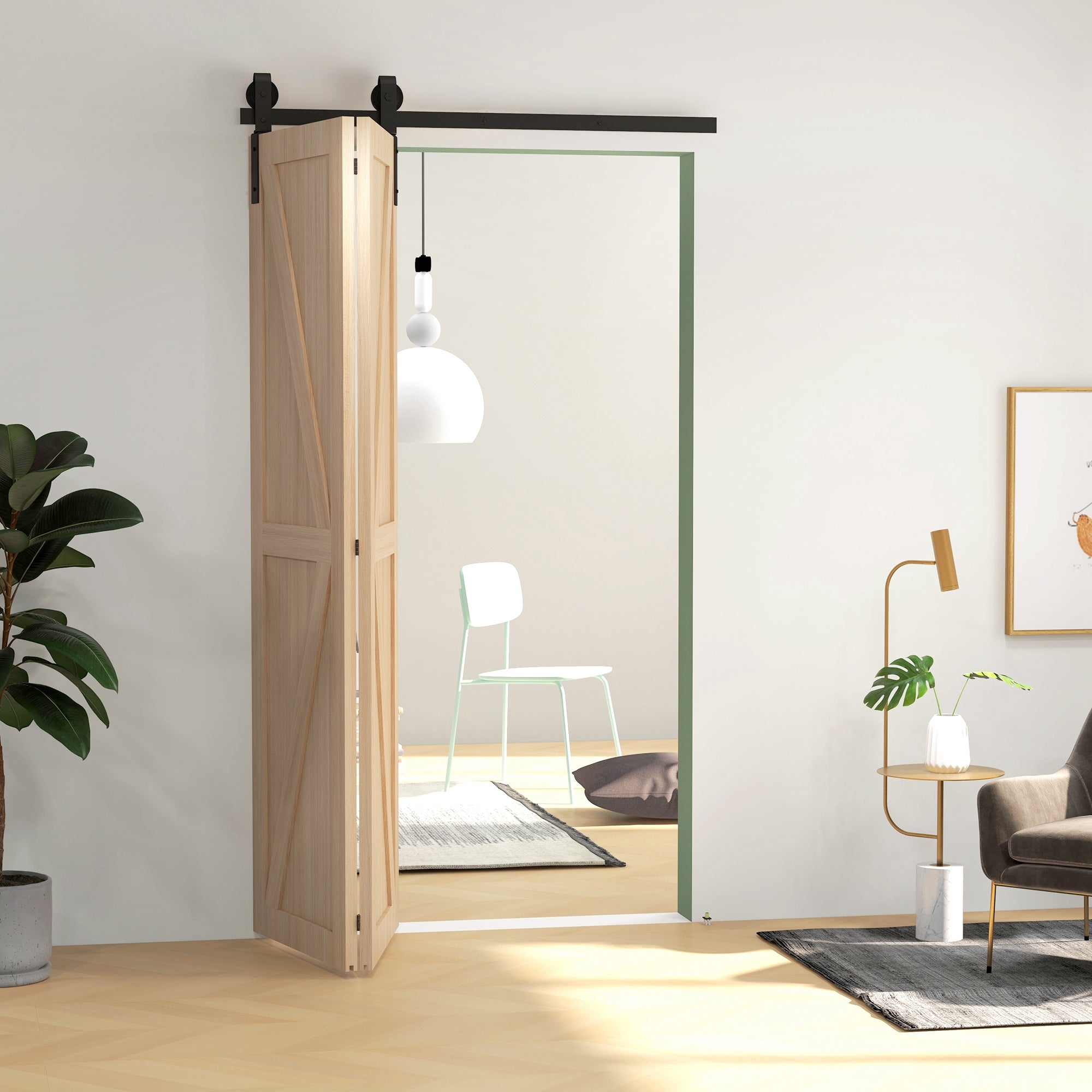 HOMCOM 4FT/122CM Bi-Folding Sliding Barn Door Hardware Track Kit, Heavy Duty Sliding Door Kit for 2 Doors with J Shape Hanger - North Peak Garden Furniture
