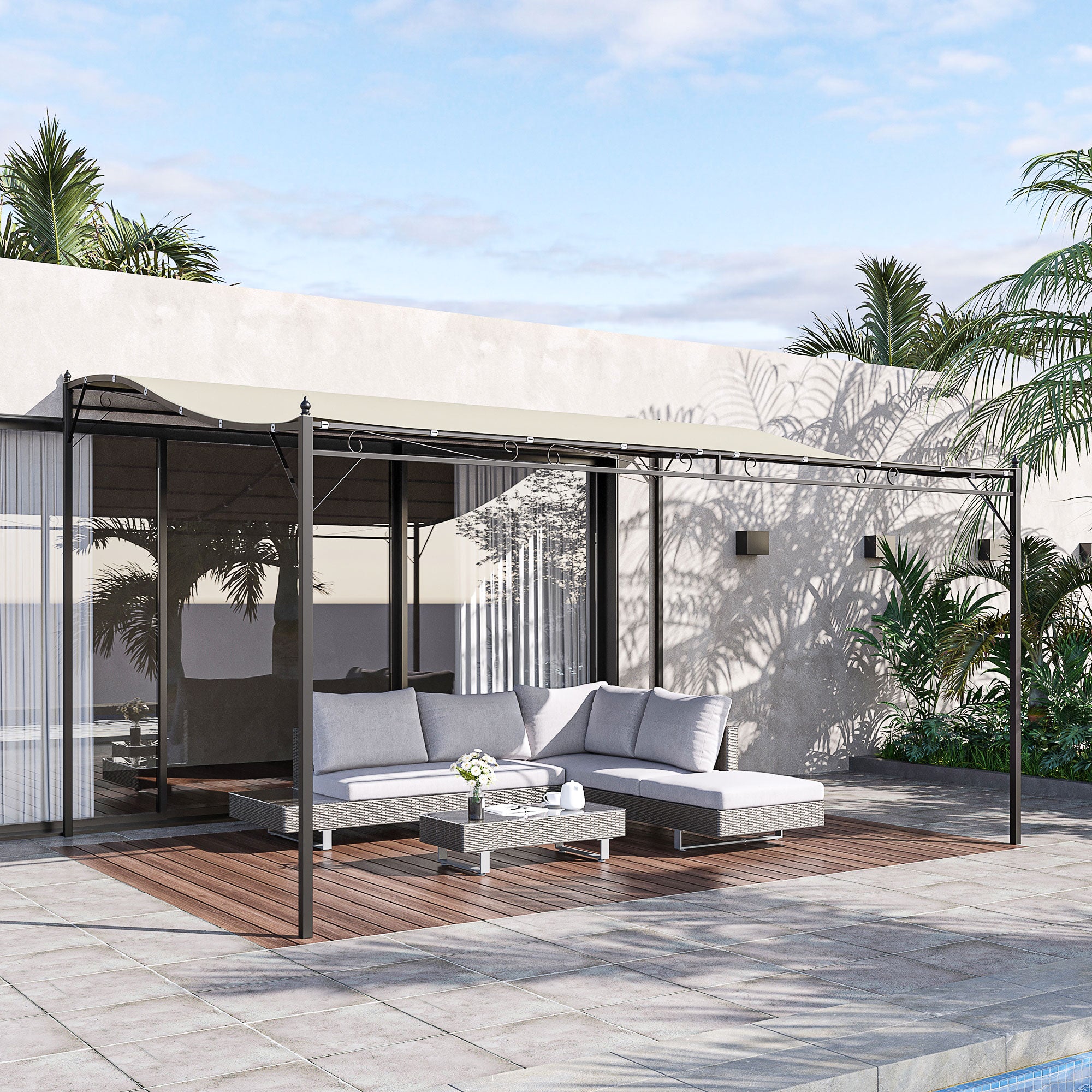 Outsunny 4 x 3 Meters Canopy Metal Wall Gazebo Awning Garden Marquee Shelter Door Porch - Cream - North Peak Garden Furniture