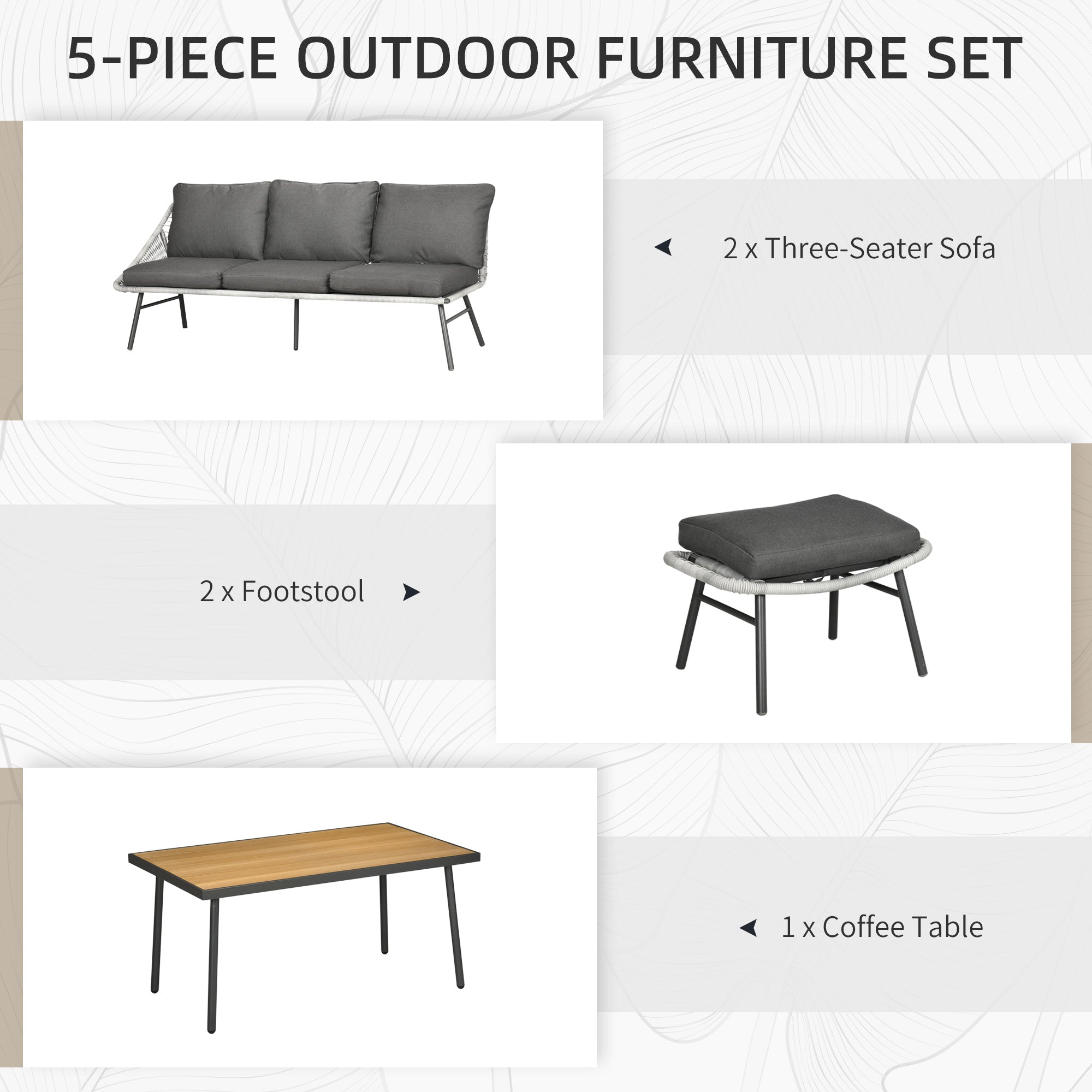Outsunny 6 Seater Outdoor Rattan Garden Furniture Sets with Sofa, Footstool and Wood-Plastic Coffee Table, 193x72x75cm, Grey - North Peak Garden Furniture