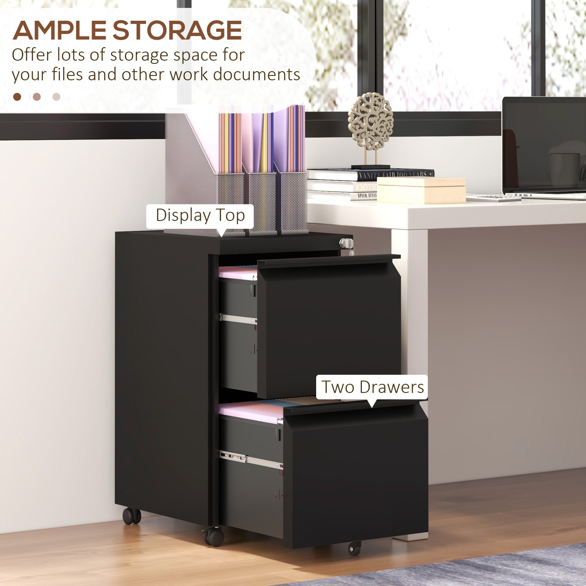 Vinsetto 2-Drawer Mobile Filing Cabinet, Steel Lockable File Cabinet for Letter, A4 and Legal Size, Pre-Assembled Body, Black - North Peak Garden Furniture