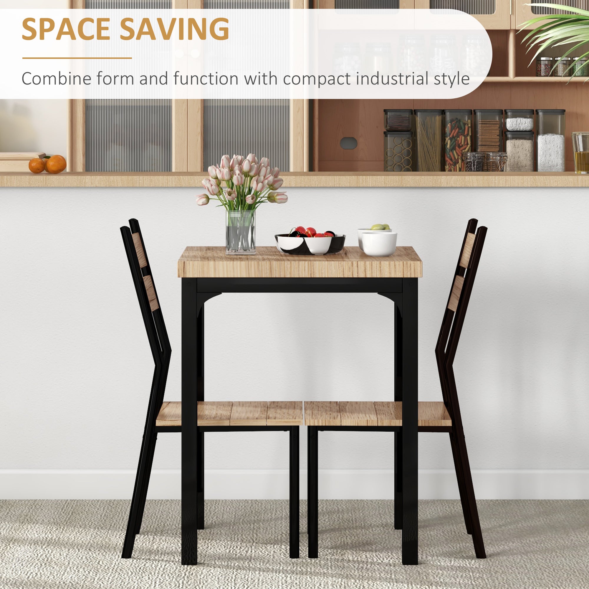 HOMCOM 3 Pieces Compact Dining Table 2 Chairs Set Wooden Metal Legs Bistro cafe Kitchen Breakfast Bar Home Furniture, Light Wood Grain