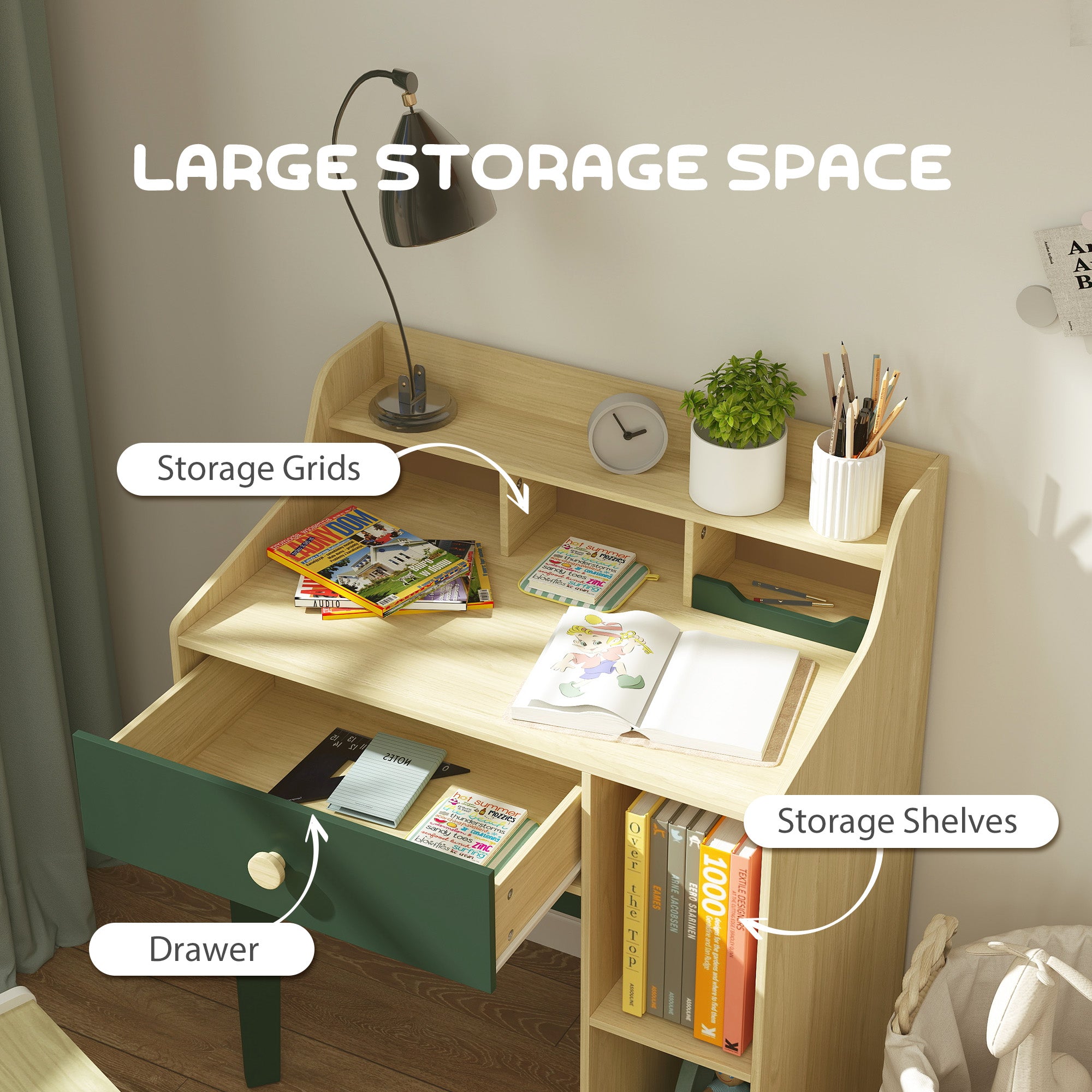 AIYAPLAY Kids Desk and Chair Set with Storage Shelves and Drawer, Green - North Peak Garden Furniture
