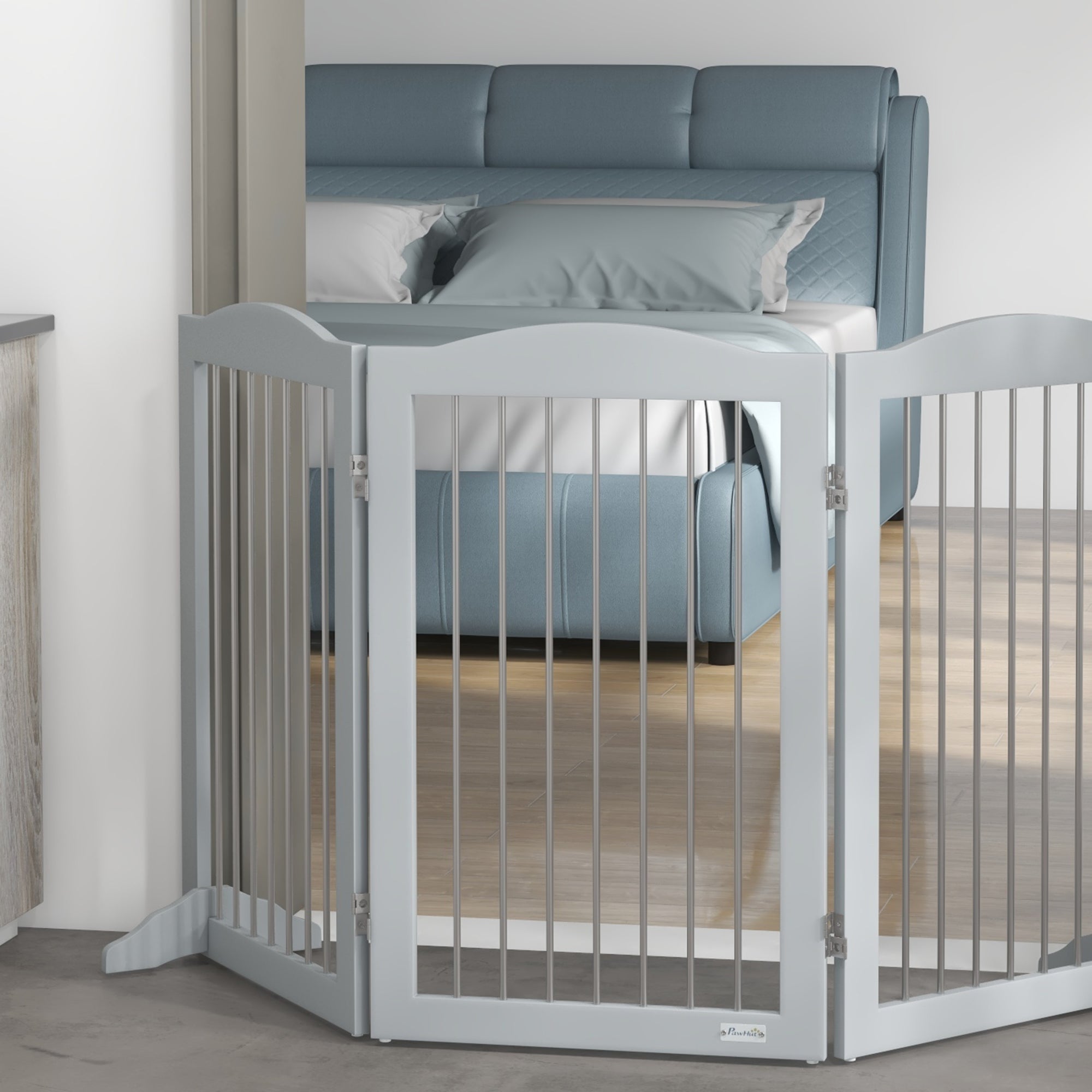 PawHut Foldable Dog Gate, Freestanding Pet Gate, with Two Support Feet, for Staircases, Hallways, Doorways - Grey - North Peak Garden Furniture