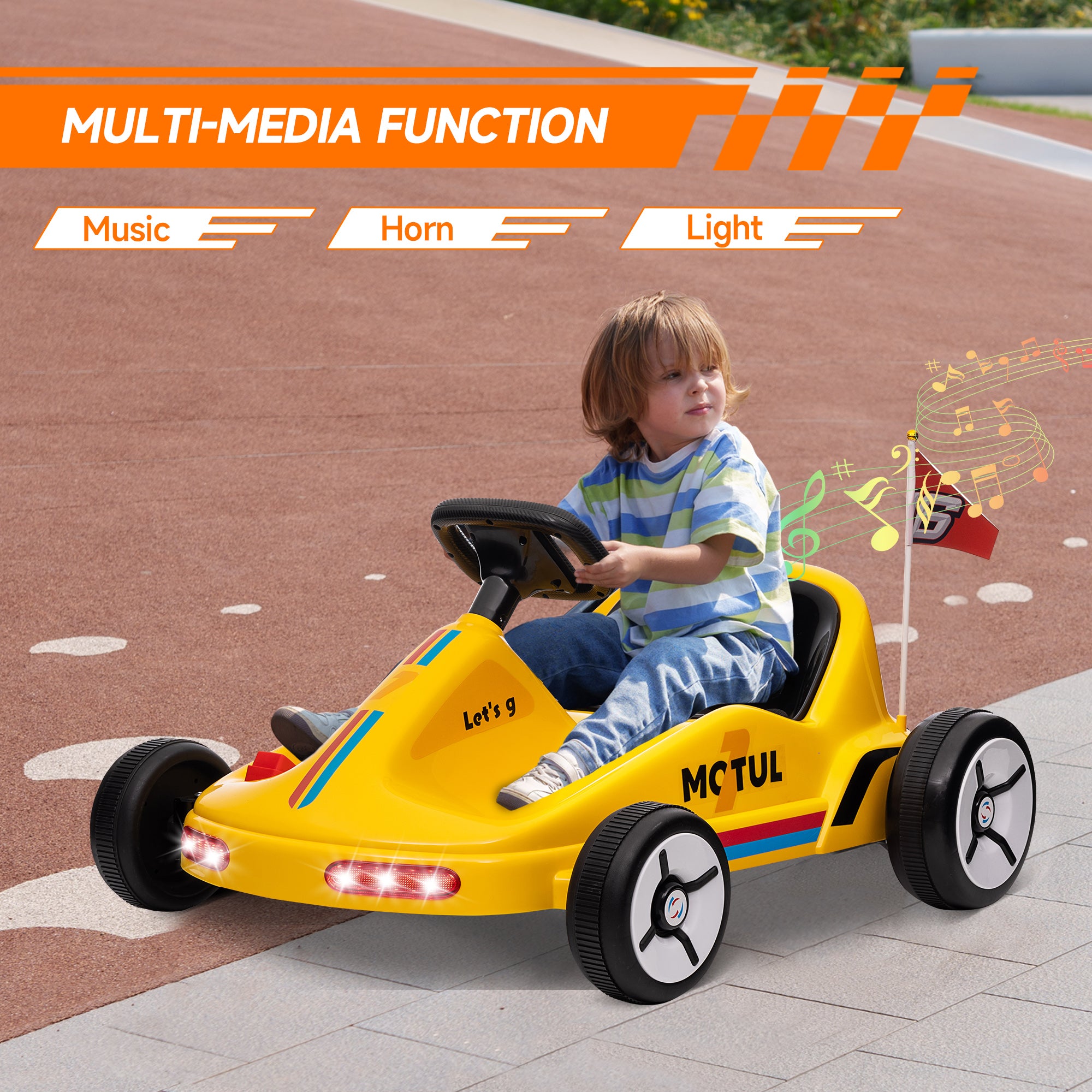 AIYAPLAY 6V Electric Go Kart for Kids with Music, Light, Horn, for 3-5 Years, Yellow - North Peak Garden Furniture