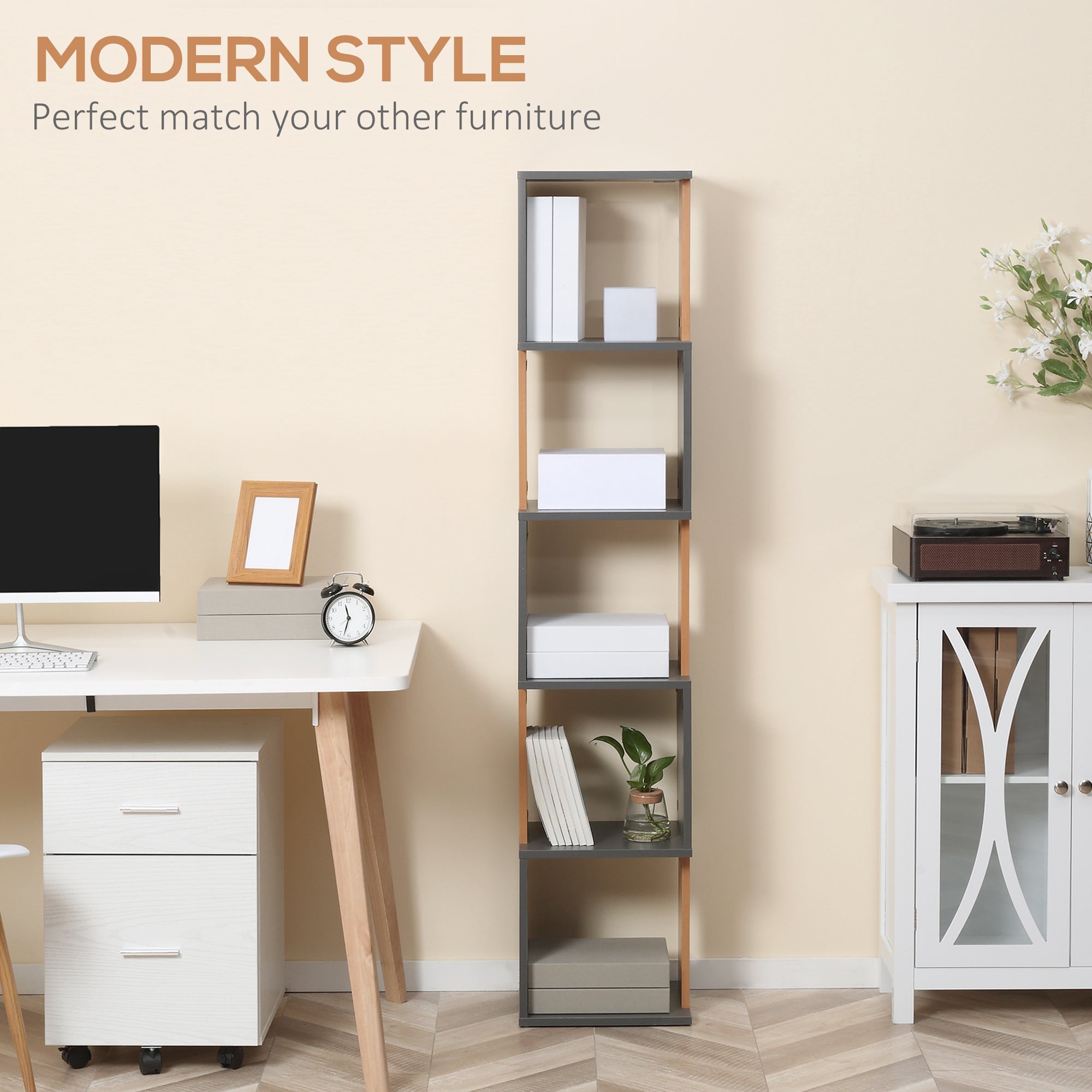 HOMCOM Modern 5-Tier Bookshelf, Freestanding Bookcase Storage Shelving for Living Room Home Office Study, Brown and Dark Grey - North Peak Garden Furniture