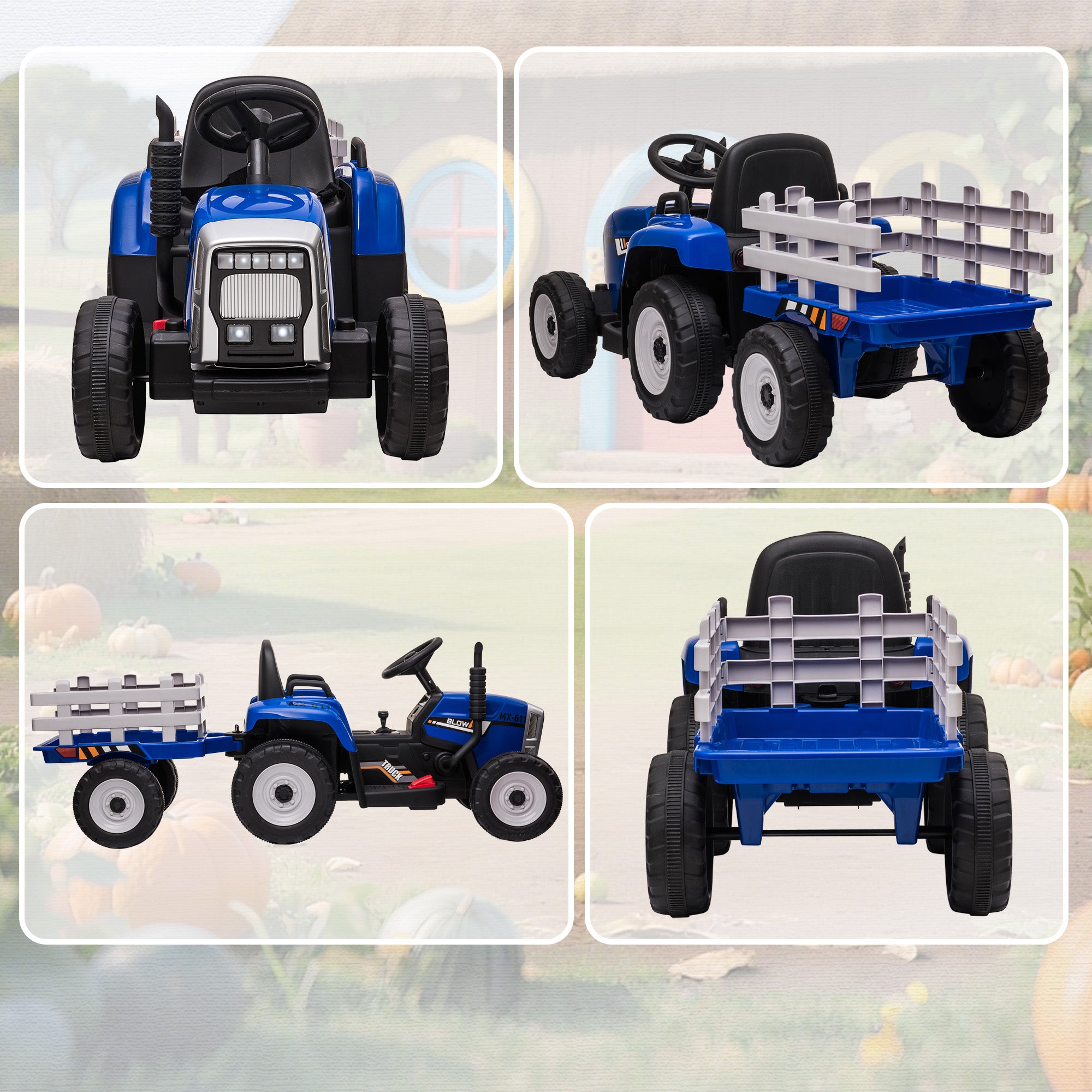 HOMCOM Ride On Tractor, Battery Powered Electric Car, with Detachable Trailer, Remote Control, Music - Blue