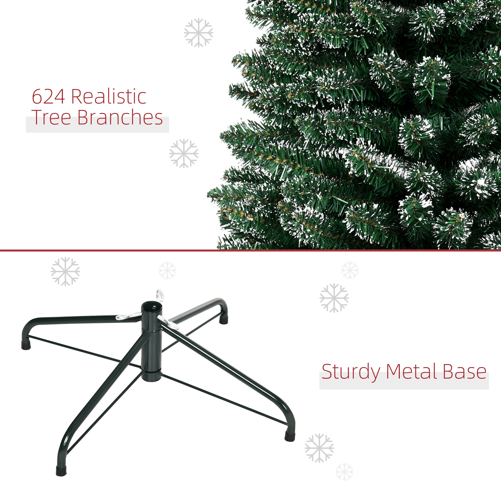 HOMCOM 7.5FT Artificial Snow Dipped Christmas Tree Xmas Pencil Tree Holiday Home Indoor Decoration with Foldable Black Stand, Green - North Peak Garden Furniture