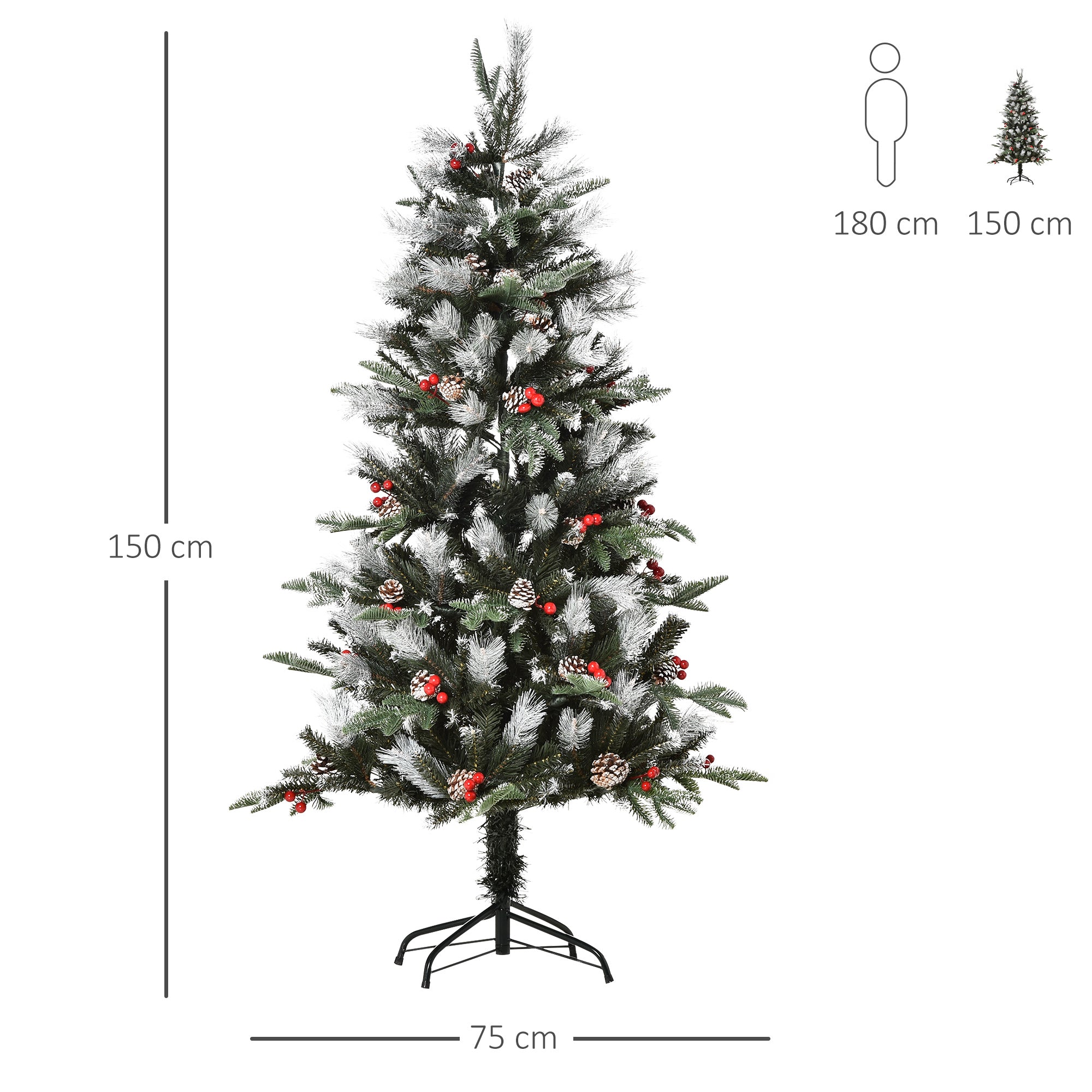 HOMCOM 5FT Artificial Snow Dipped Christmas Tree Xmas Pencil Tree Holiday Home Party Decoration with Foldable Feet Red Berries White Pinecones, Green - North Peak Garden Furniture