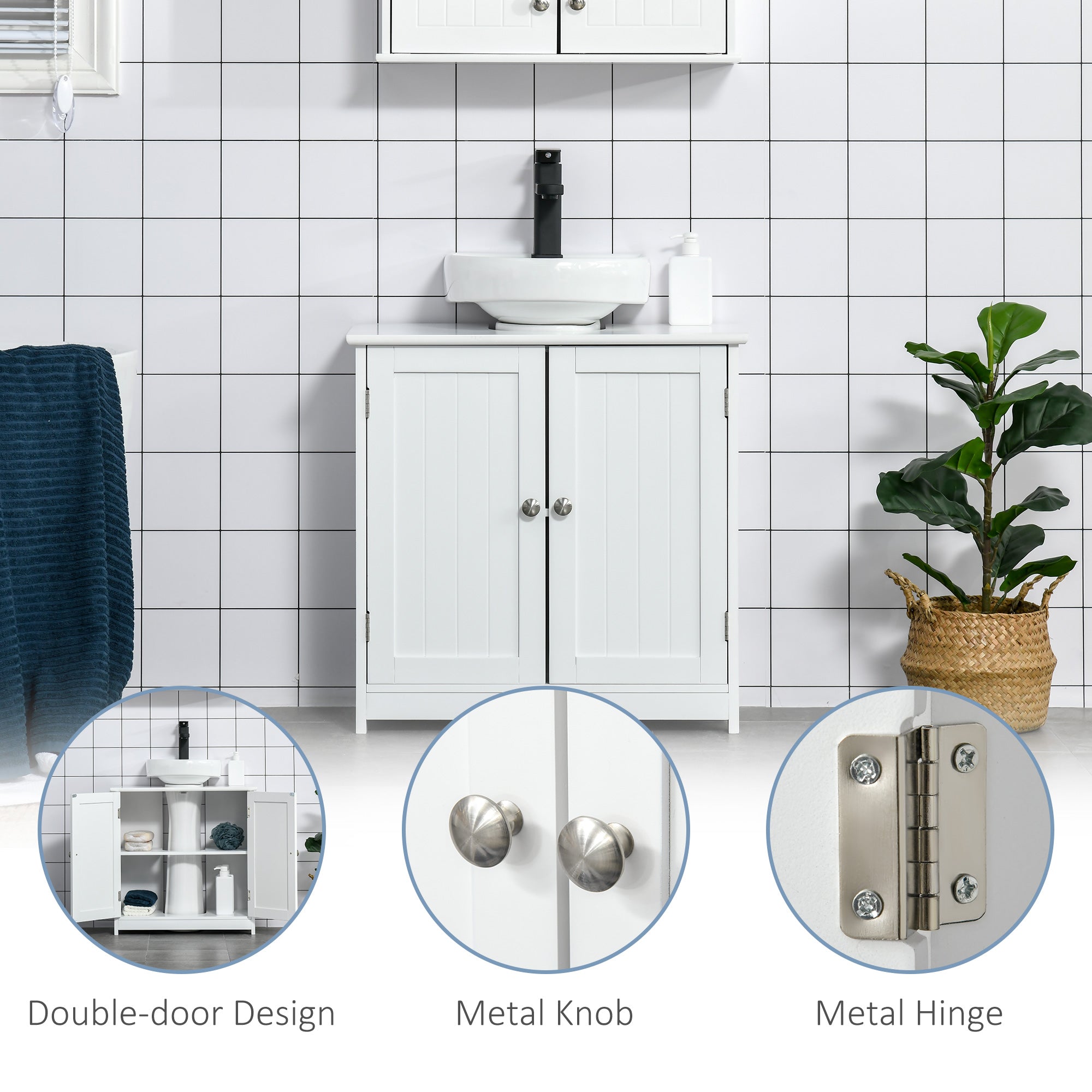 kleankin 60x60cm Under-Sink Storage Cabinet w/ Adjustable Shelf Handles Drain Hole Bathroom Cabinet Space Saver Organizer White - North Peak Garden Furniture