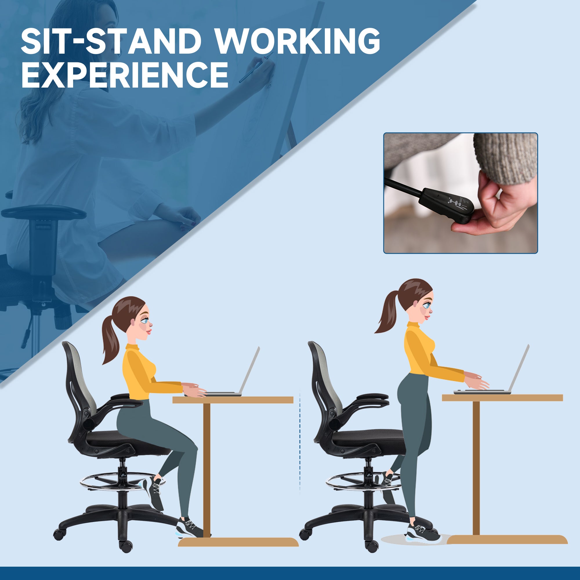 Vinsetto Adjustable Mesh Standing Desk Chair with Flip-up Armrests Lumbar Support Armrests Adjustable Footrest Ring, Dark Grey - North Peak Garden Furniture