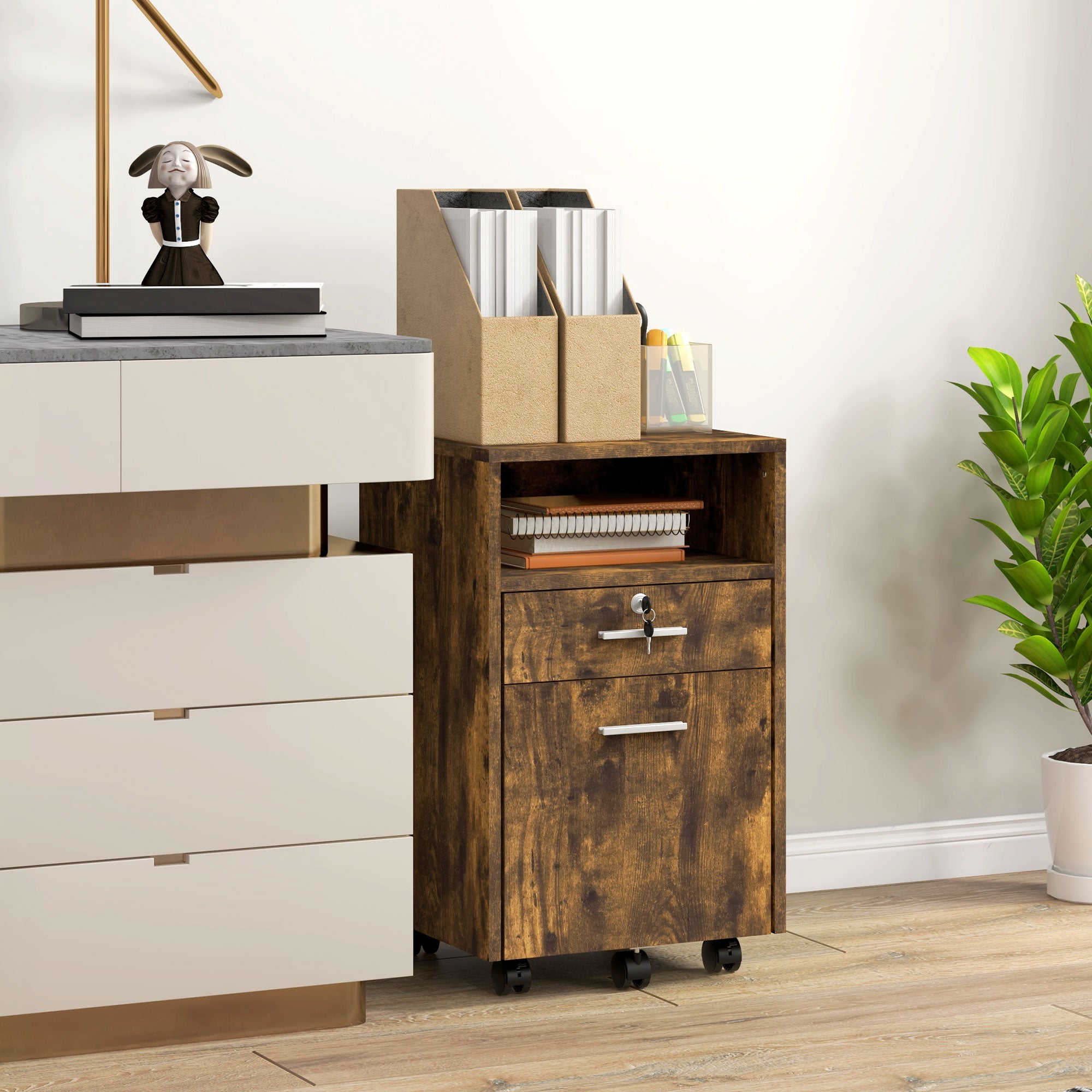 Vinsetto Lockable Two-Drawer Filing Cabinet, with Wheels - Wood-Effect - North Peak Garden Furniture