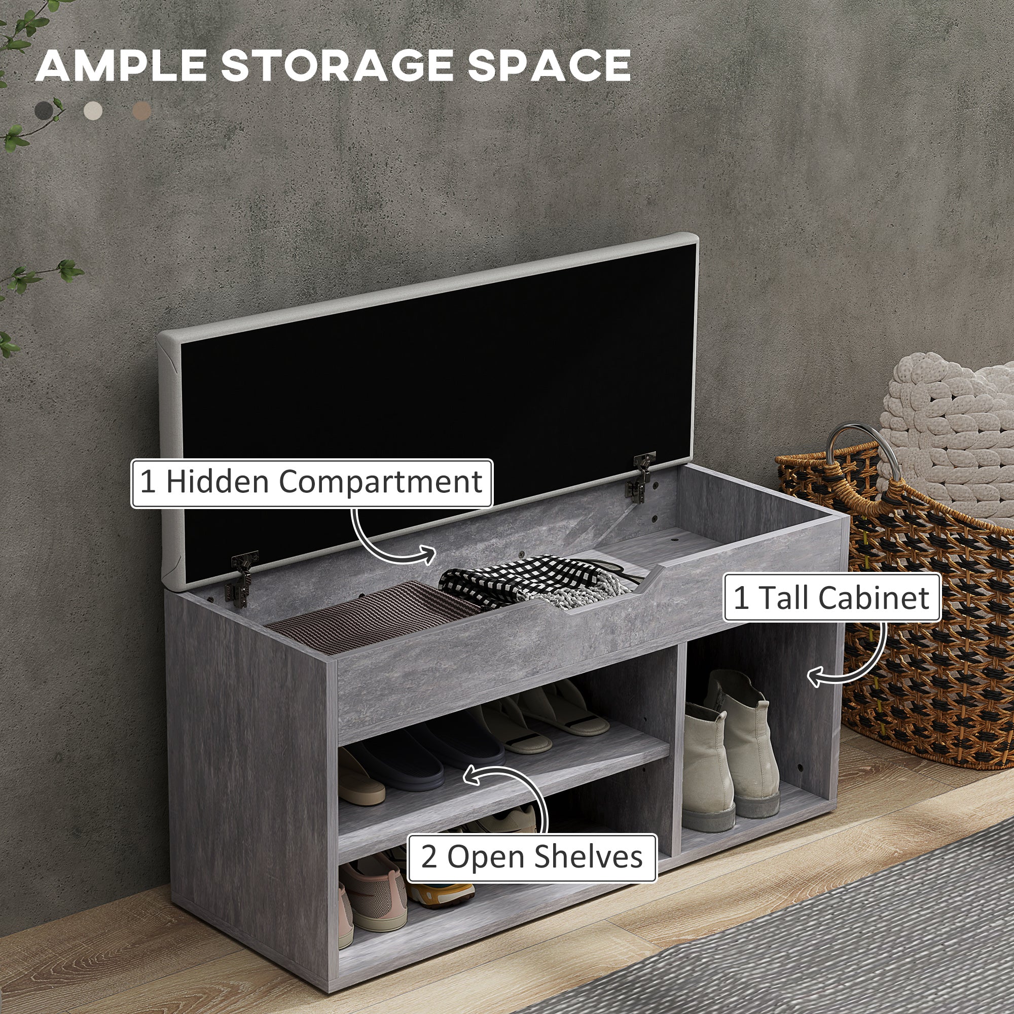 HOMCOM Shoes Cabinet Bench Hidden Storage Padded Seat Organiser Footwear Rack Hallway Grey Wood Grain - North Peak Garden Furniture