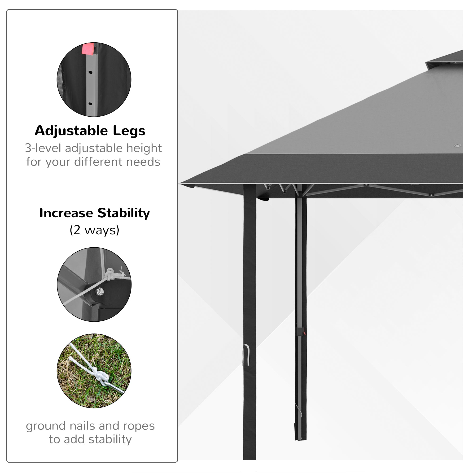 Outsunny 4 x 4m Pop-up Gazebo Double Roof Canopy Tent with UV Proof, Roller Bag & Adjustable Legs Outdoor Party, Steel Frame, Grey - North Peak Garden Furniture