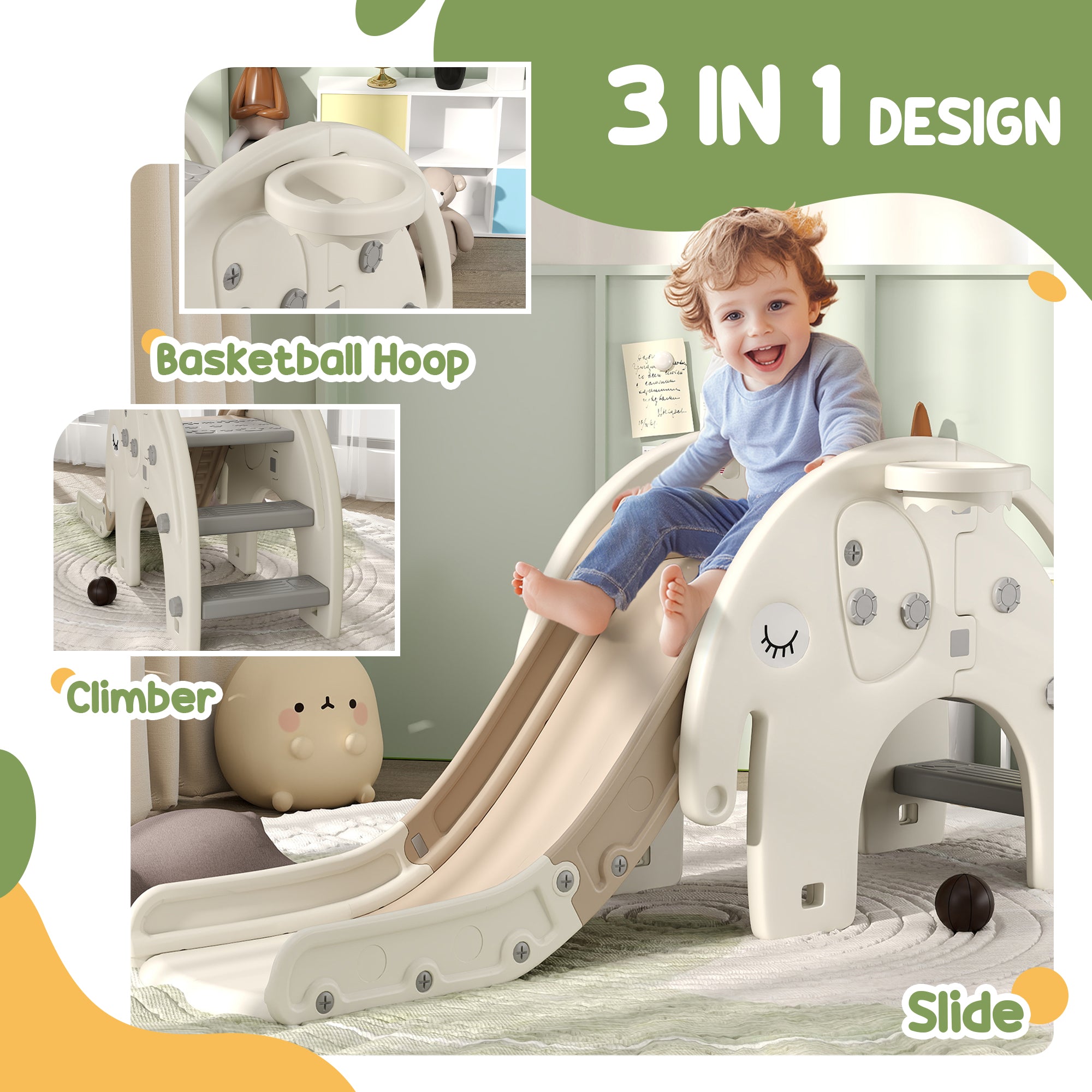 AIYAPLAY 3 in 1 Toddler Slide with Basketball Hoop, Climber, Elephant-Themed, for 1-3 Years, Cream White - North Peak Garden Furniture