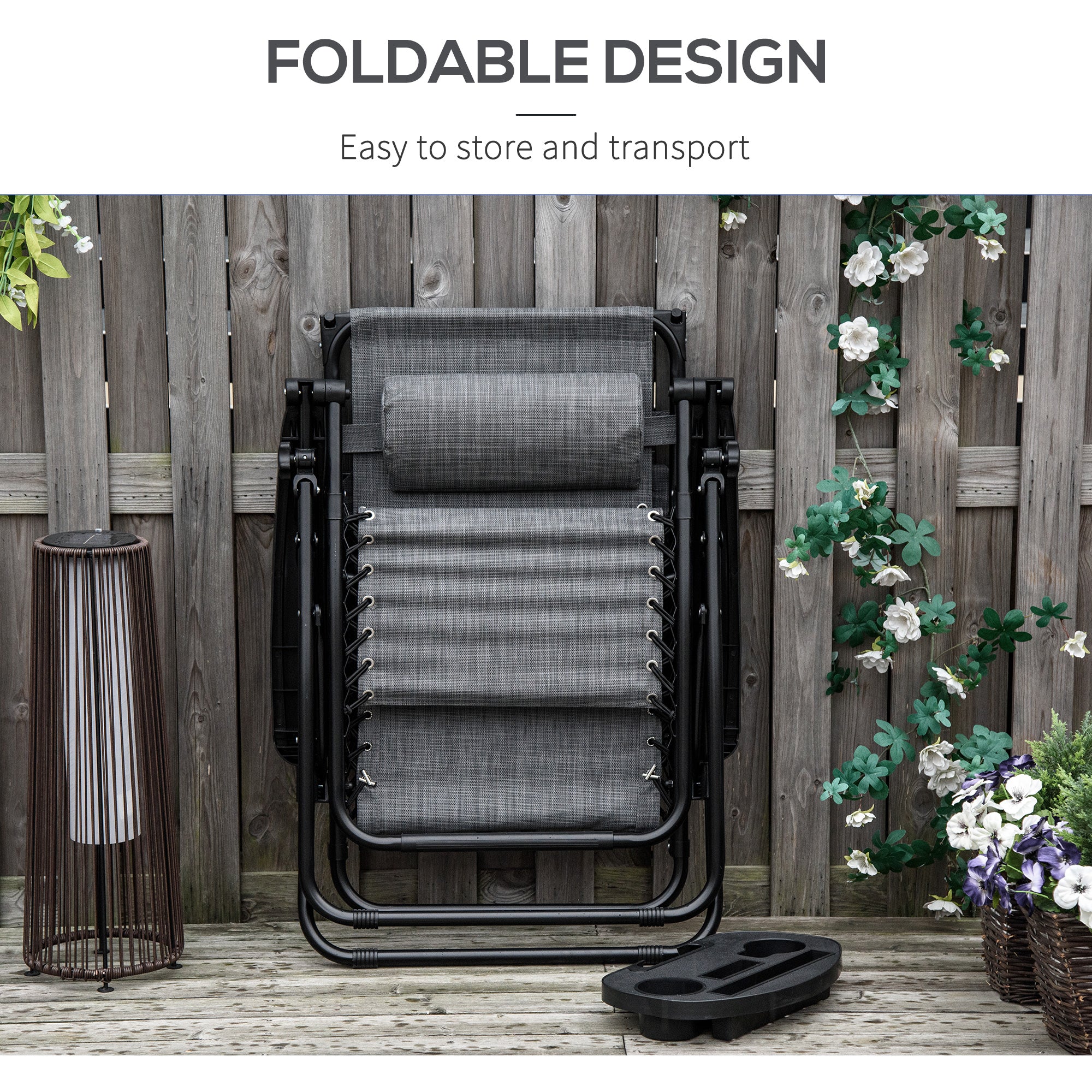Outsunny Foldable Reclining Garden Chair with Headrest, Zero Gravity Deck Sun Lounger Seat Chair with Footrest, Armrest, Cup Holder & Canopy Shade, Light Grey - North Peak Garden Furniture