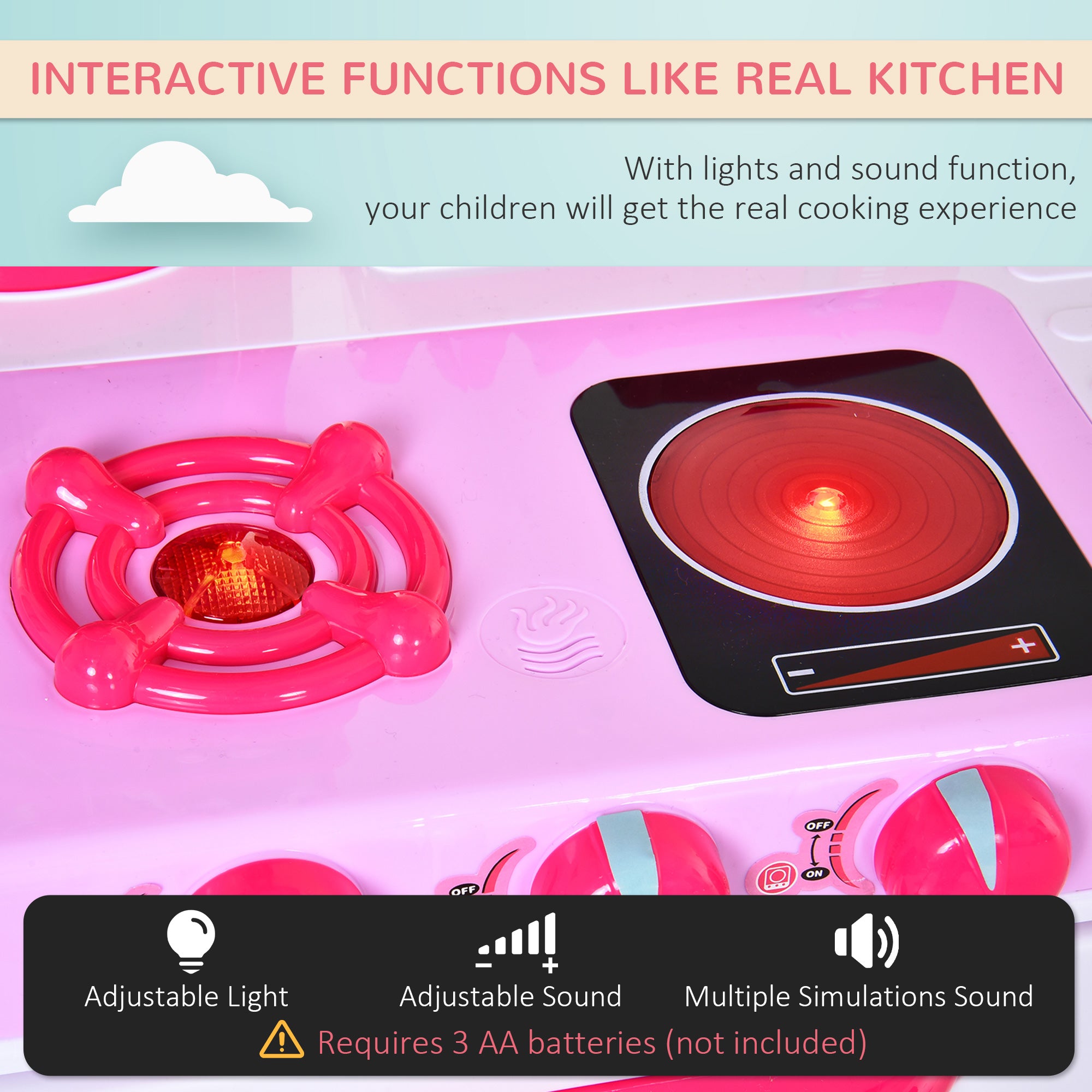 HOMCOM 38 Pcs Kids Children Kitchen Play Set w/ Realistic Sounds Lights Food Utensils Pots Pans Appliances Toy Game Pink - North Peak Garden Furniture