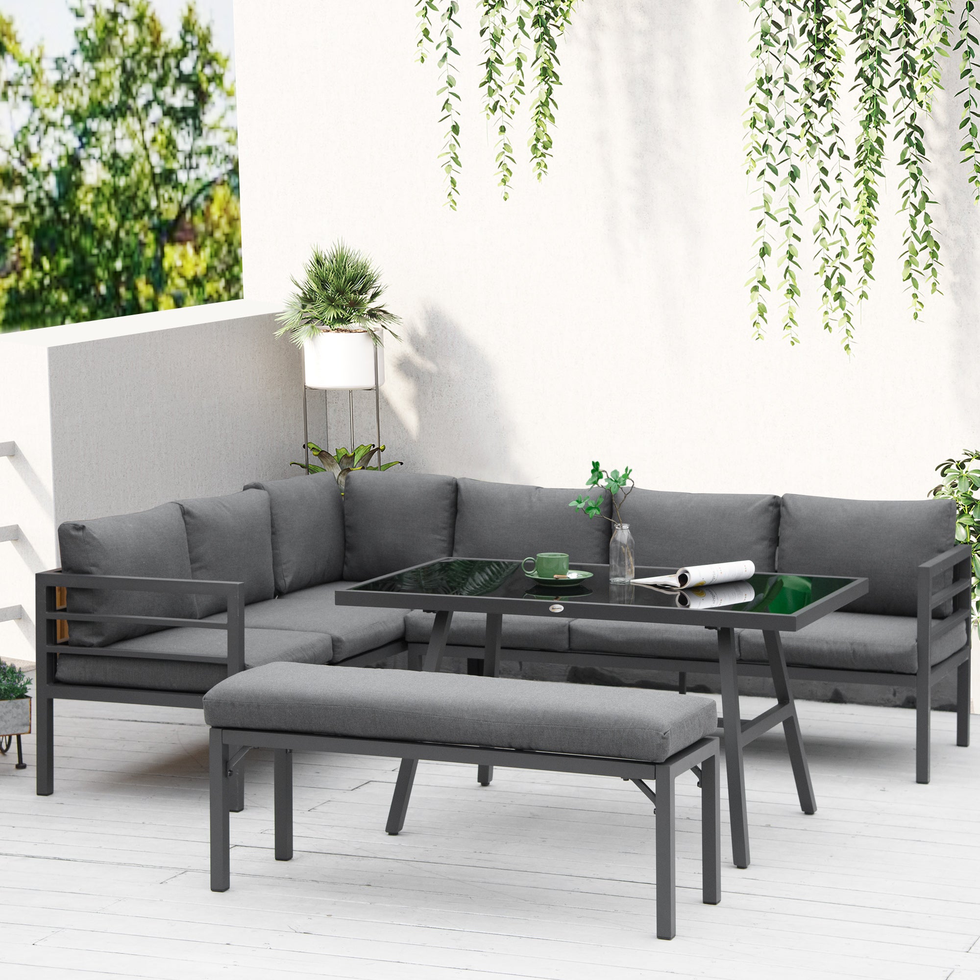 Outsunny 4 Piece L-shaped Garden Furniture Set 8-Seater Aluminium Outdoor Dining Set Conversation Sofa Set w/ Bench, Dining Table & Cushions, Grey - North Peak Garden Furniture