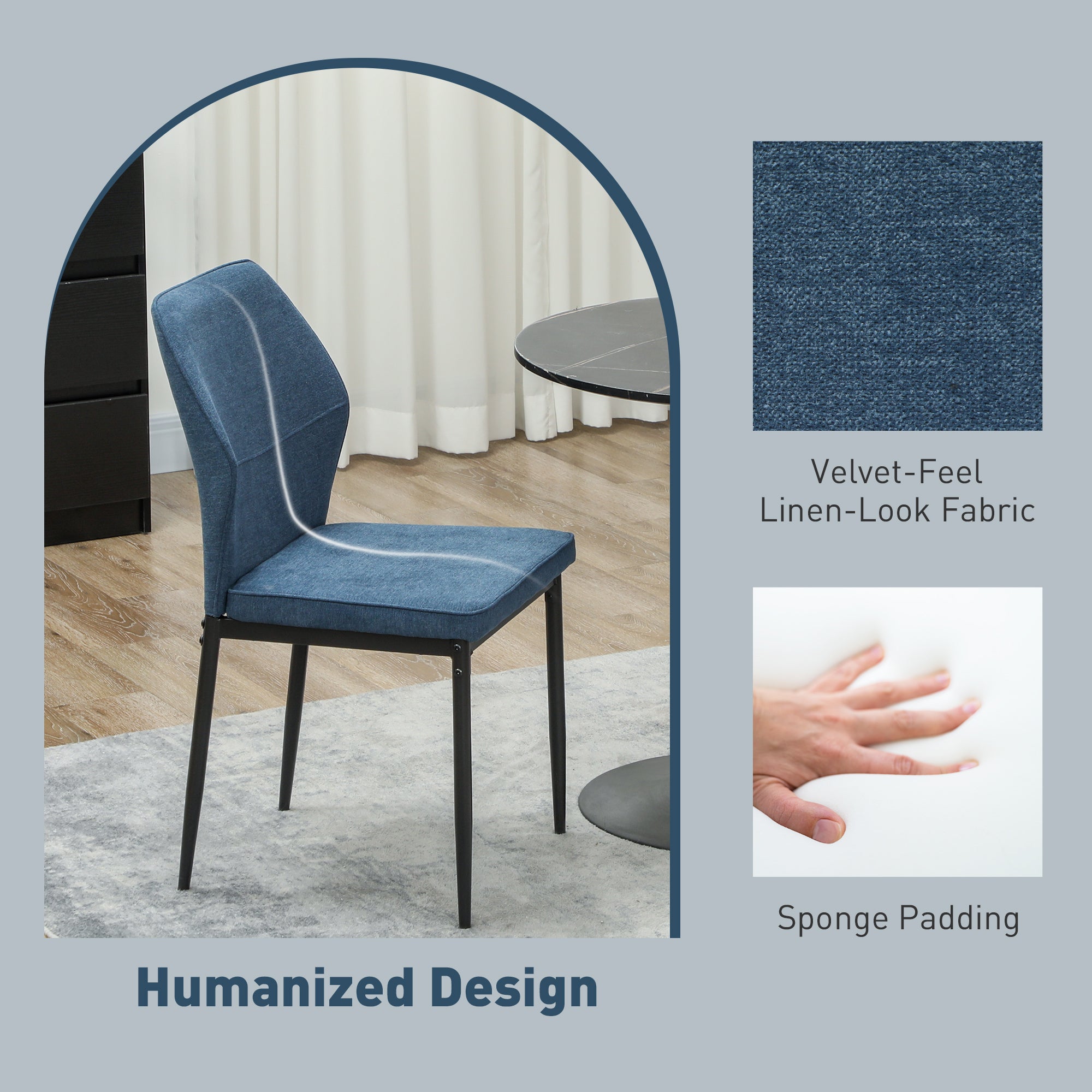 HOMCOM Velvet Dining Chairs Set of 2, Modern Upholstered Kitchen Chairs with Metal Legs, Curved Back and Padded Seat, Armless Side Chairs for Dining Room, Bedroom, Living Room, Blue - North Peak Garden Furniture