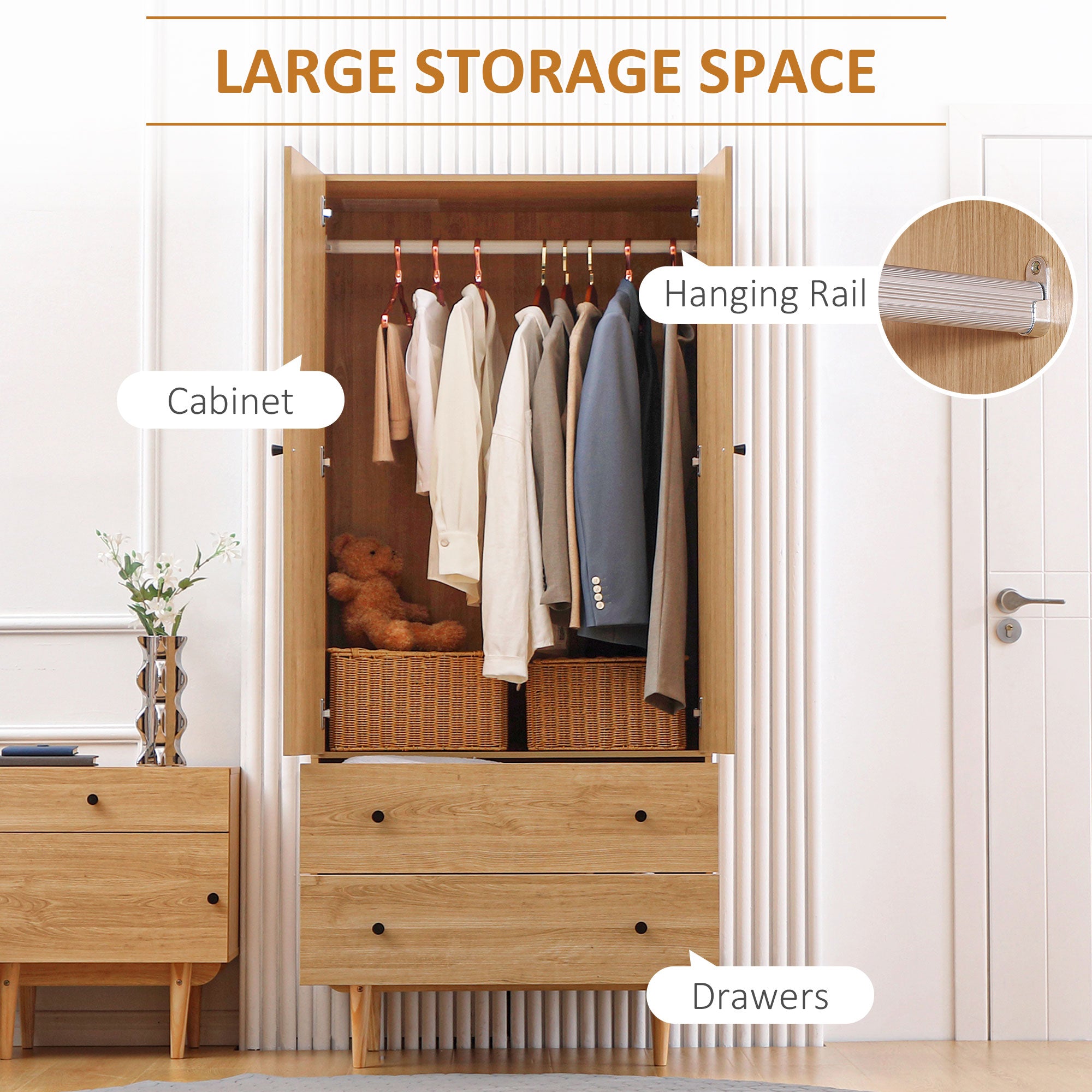 HOMCOM Wardrobe with 2 Doors, 2 Drawers, Hanging Rail for Bedroom Clothes Storage Organiser, 80x52x180cm, Natural Tone - North Peak Garden Furniture