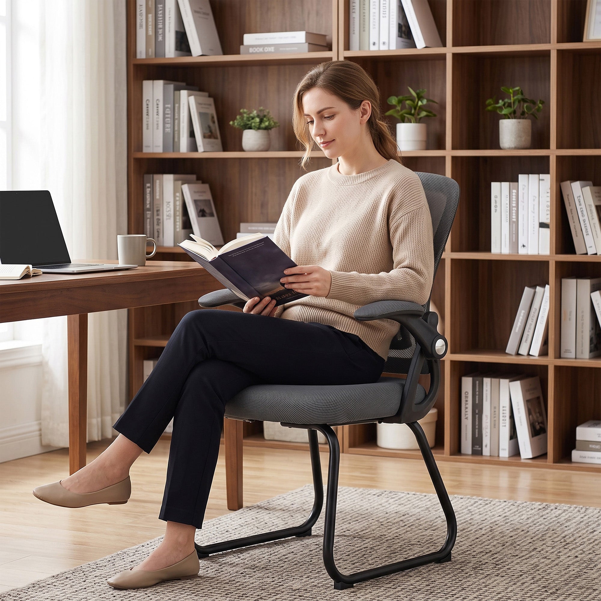 HOMCOM Office Chair, Ergonomic Desk Chair No Wheels with Mesh Backrest and Steel Legs for Home Conference Room, Dark Grey