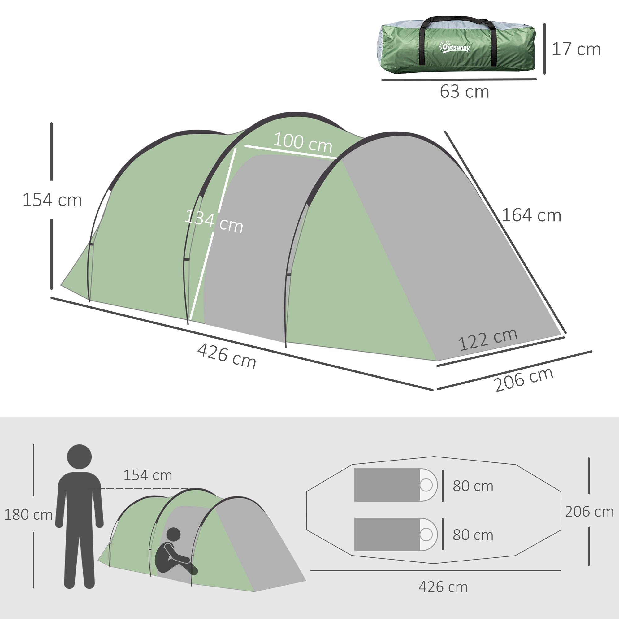 Outsunny Three-Man, Two-Room Tent - Green - North Peak Garden Furniture