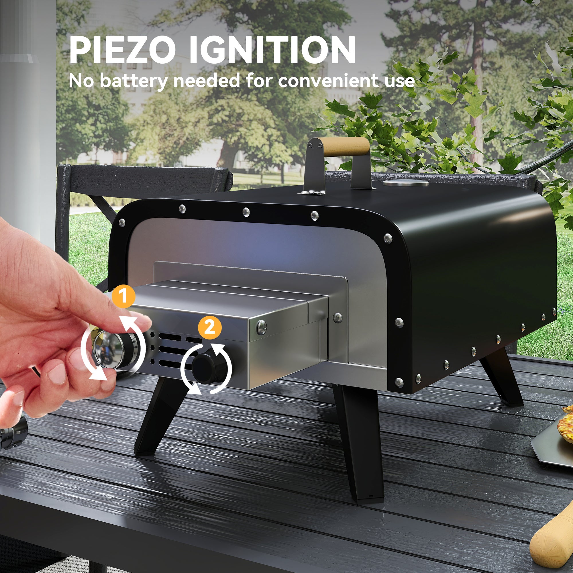 Outsunny Outdoor Tabletop Gas Pizza Oven with 12" Stone and Peel, Portable Pizza Oven Maker with Thermometer, Foldable Legs, Handle, Gas Hose and Regulator, Black
