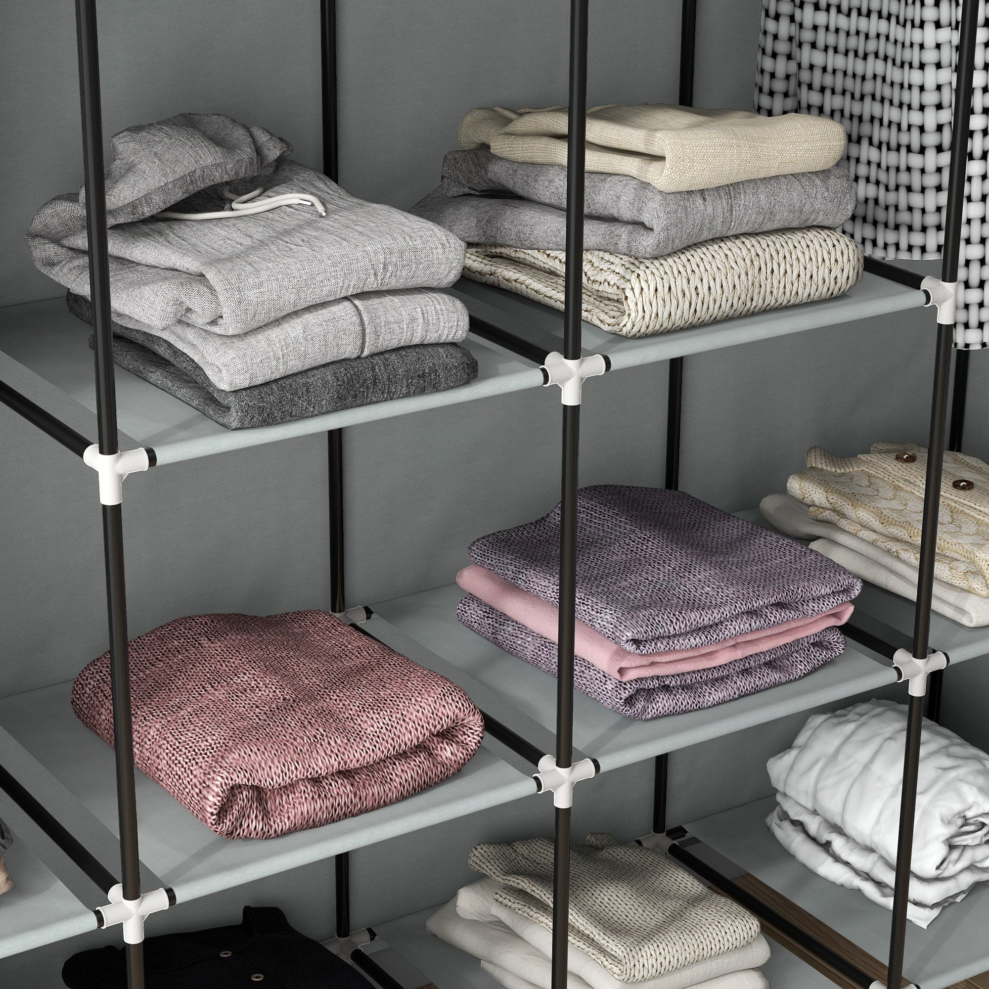HOMCOM Fabric Wardrobe for Bedroom, Portable Cloth Wardrobe with 10 Compartments, 2 Hanging Rails and 4 Fabric Drawers, 166 x 42.5 x 169.5cm, Dark Grey - North Peak Garden Furniture
