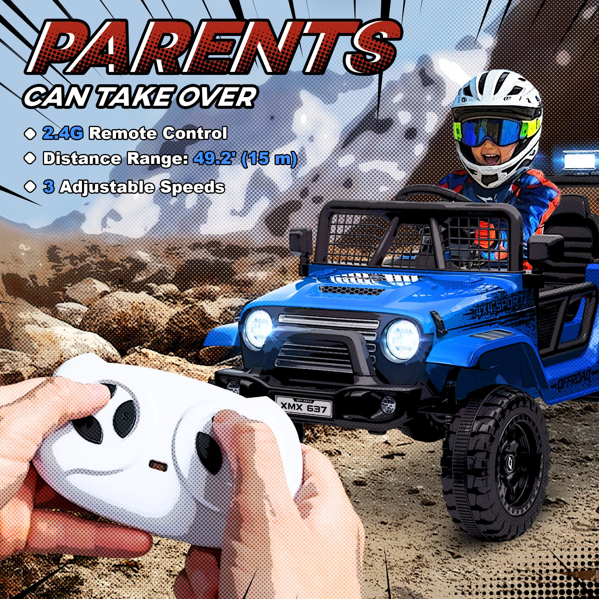 AIYAPLAY 12V Battery Powered Kids Ride On Car, Electric Truck w/ Spring Suspension, Remote, Music Horn Lights - Blue