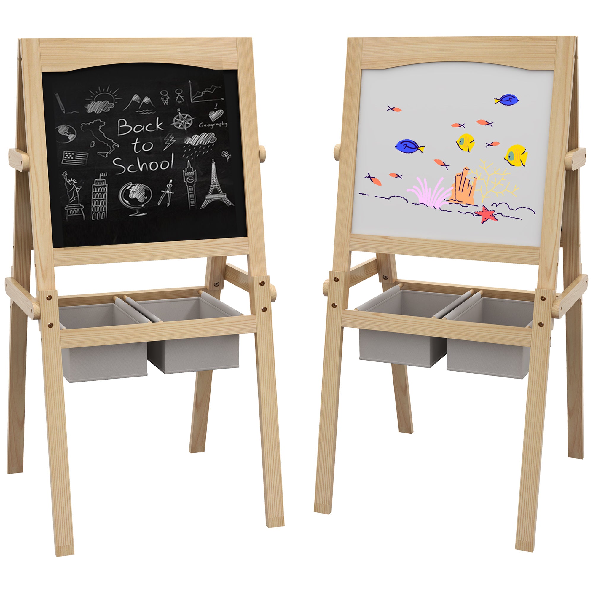 AIYAPLAY Kids Easel with Paper Roll, 3 in 1 Art Easel for Toddlers, Double-Sided Kids Whiteboard Blackboard with Storage Baskets for Ages 3-6 Years - Natural Wood Finish