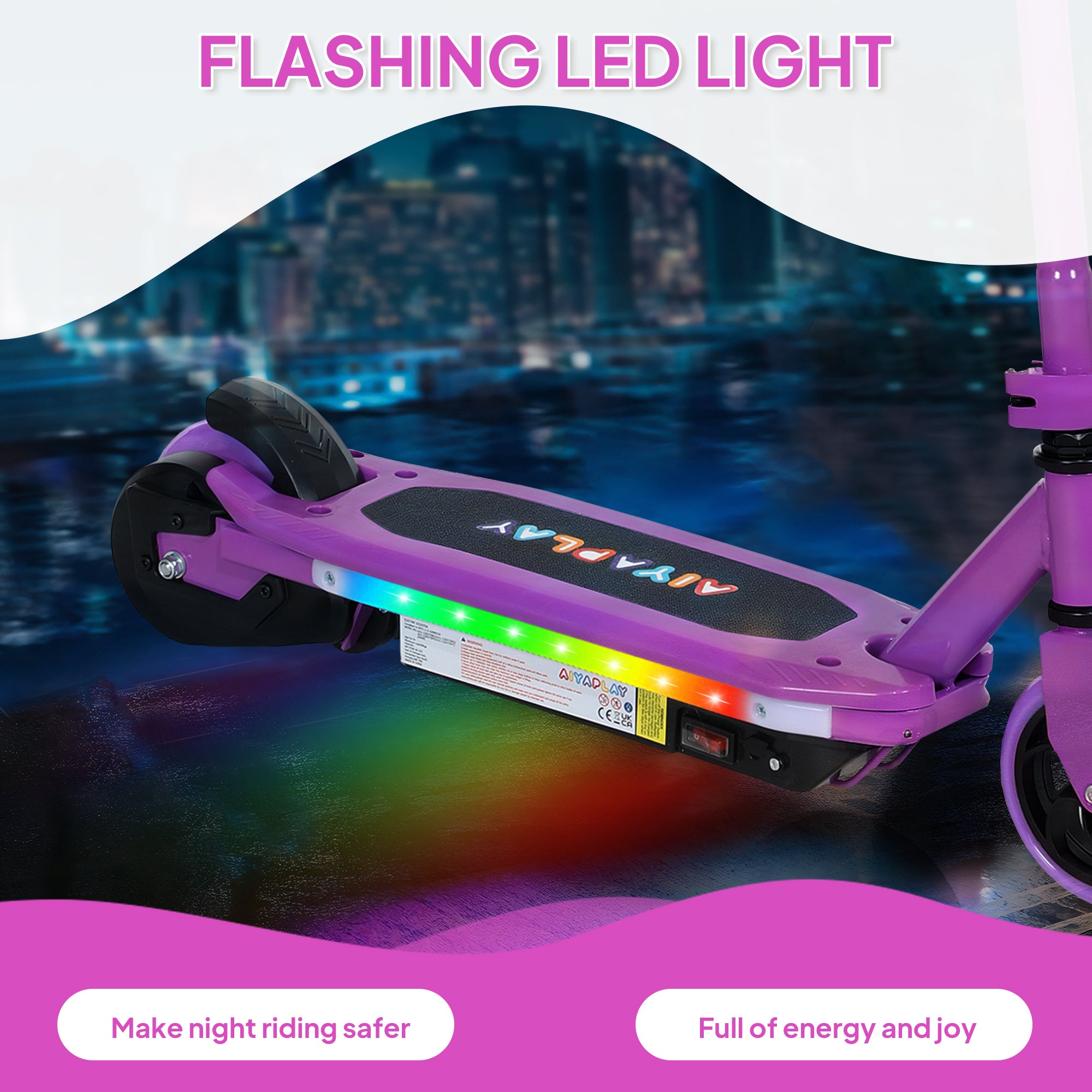 AIYAPLAY Electric Scooter for Ages 6-14, with Colourful Light and Electric Brake, Electric Scooter E Scooter, Up to 10 KM/H & 8 KM, Purple - North Peak Garden Furniture