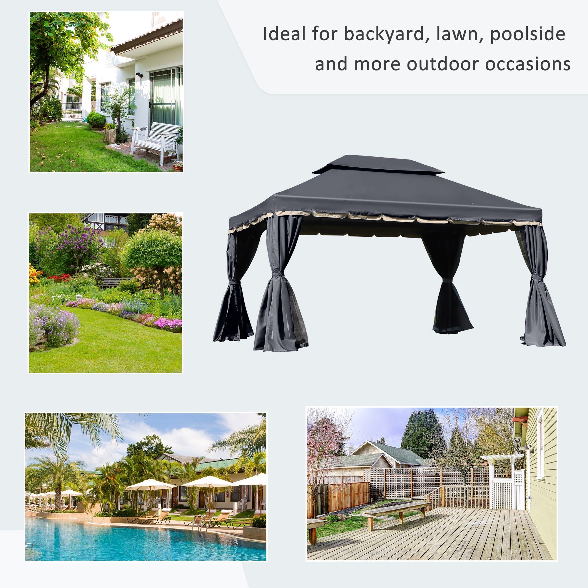 Outsunny 3 x 4m Aluminium Garden Gazebo, Marquee Canopy Shelter Pavilion Party Tent with Nets and Curtains for Garden and Deck, Black