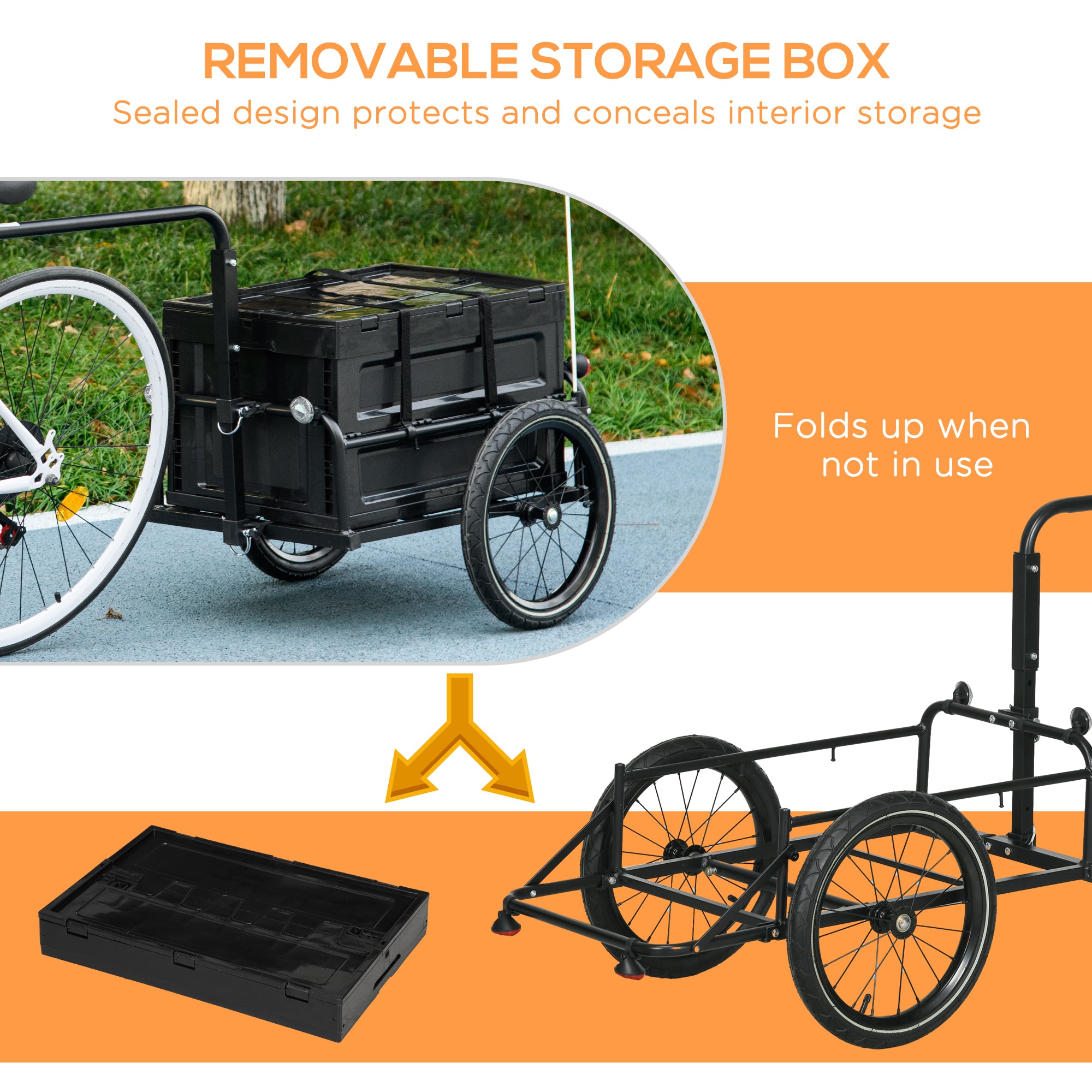 HOMCOM Steel Trailer for Bike, Bicycle Cargo Trailer with 65L Foldable Storage Box and Safe Reflectors, Max Load 40KG, Black - North Peak Garden Furniture