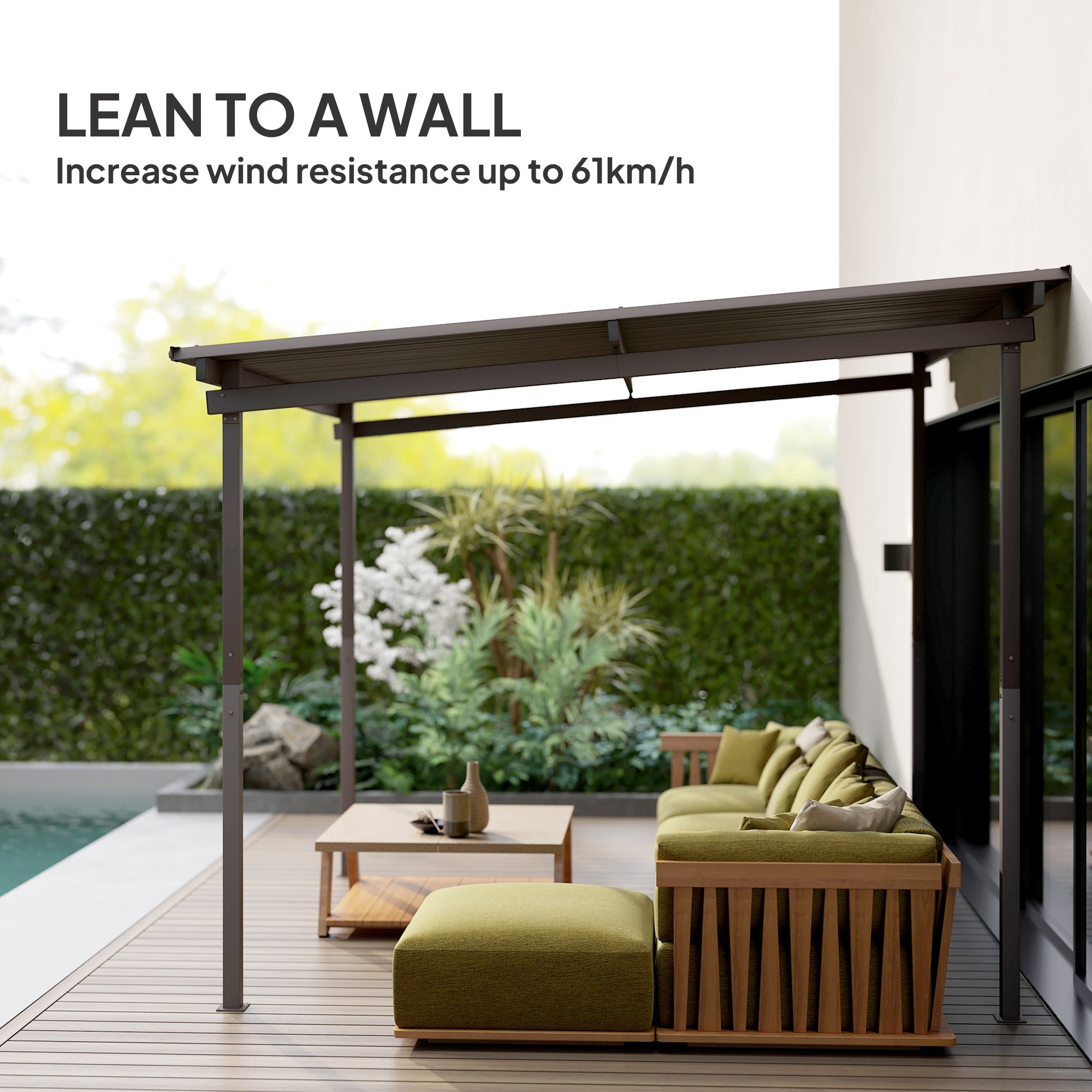 Outsunny 3 x 3(m) Garden Pergola with Waterproof Metal Roof, Lean to Pergola Hardtop Gazebo, Wind-resistant Outdoor Sun Shade, Easy to Assemble